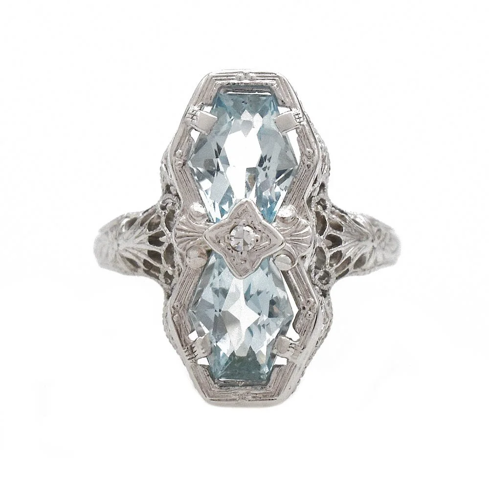 Antique Aquamarine Filigree Ring White Gold