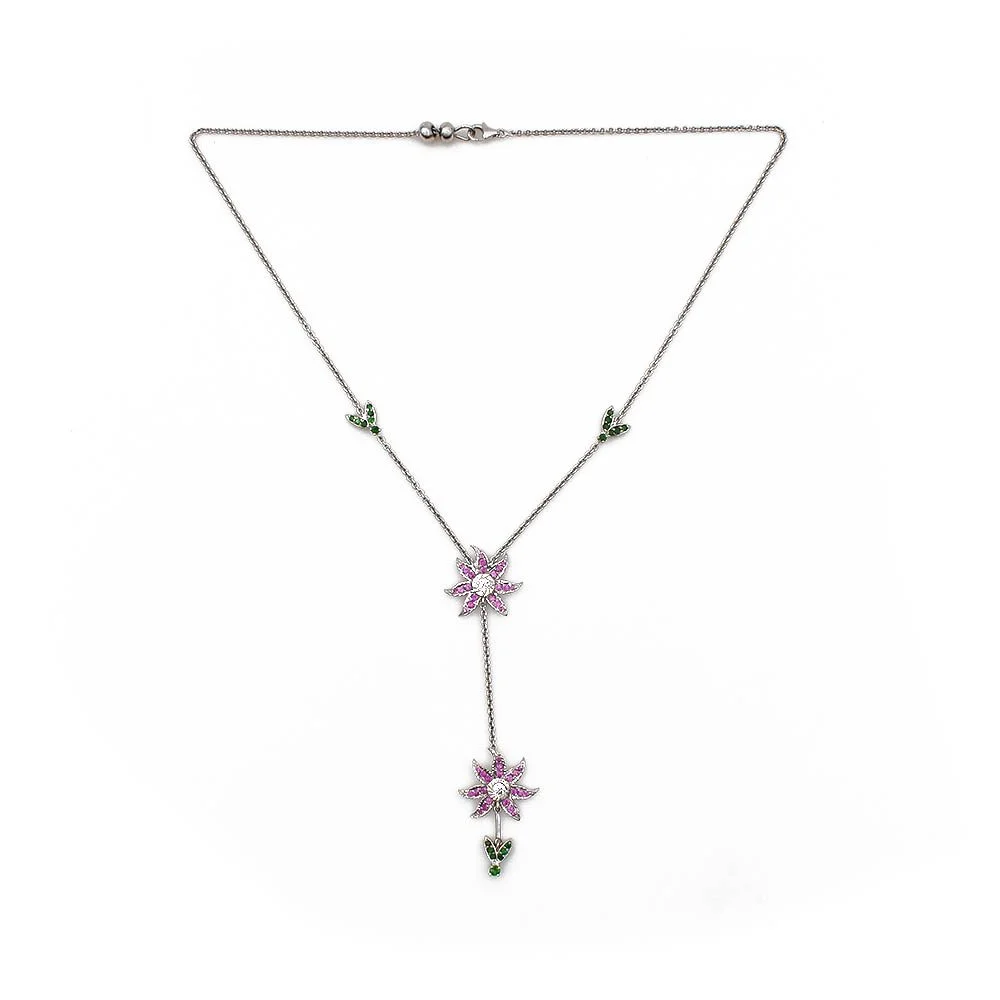 Multi Gemstone Flower Dangle Necklace White Gold