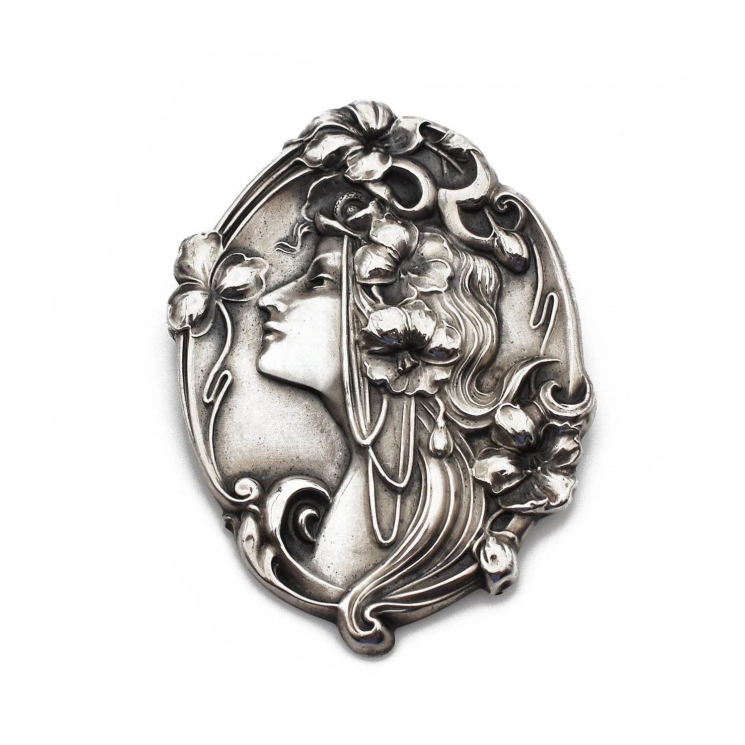 Art Nouveau Woman's Profile Flowers Brooch Silver