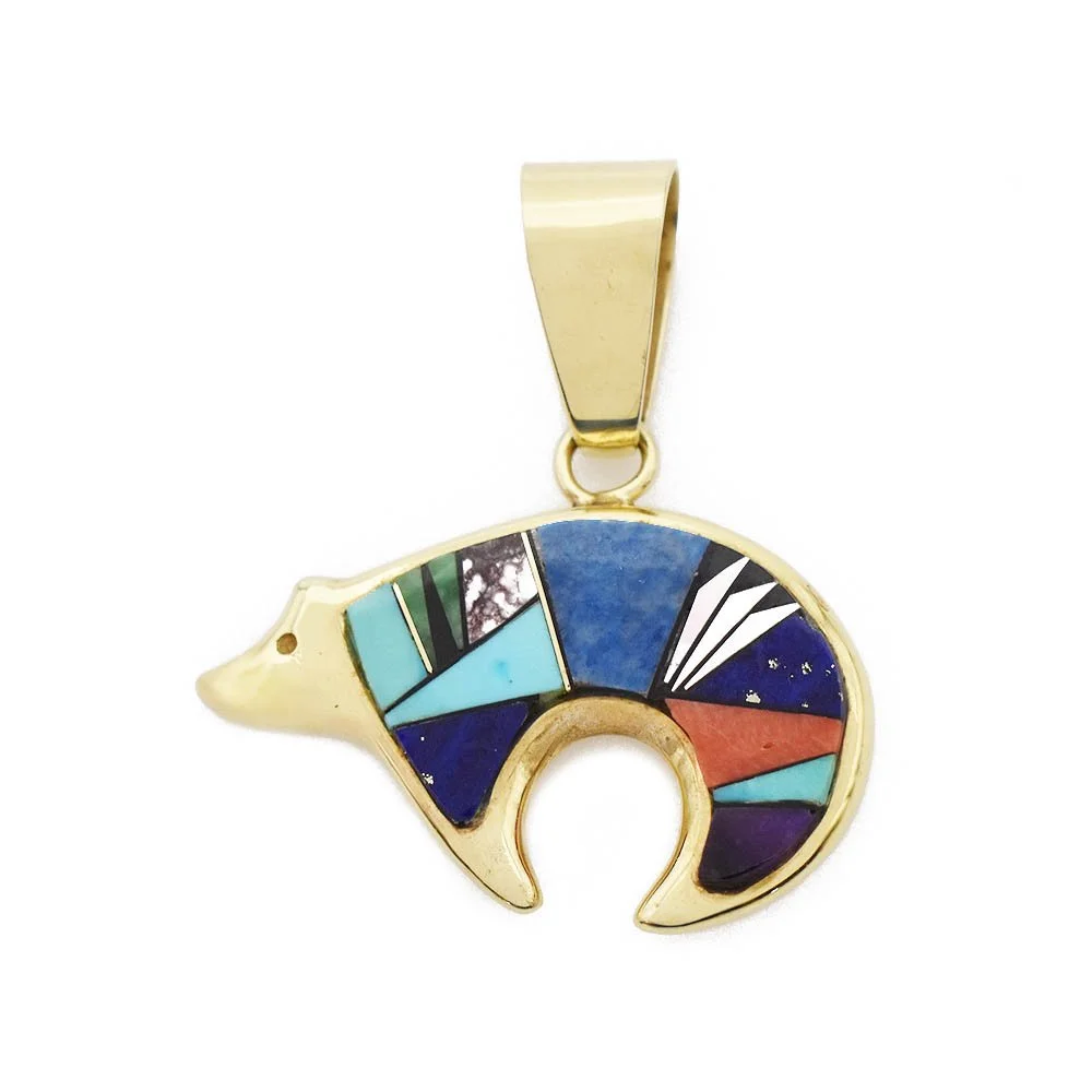 Native American Heartline Bear Inlaid Pendant Gold