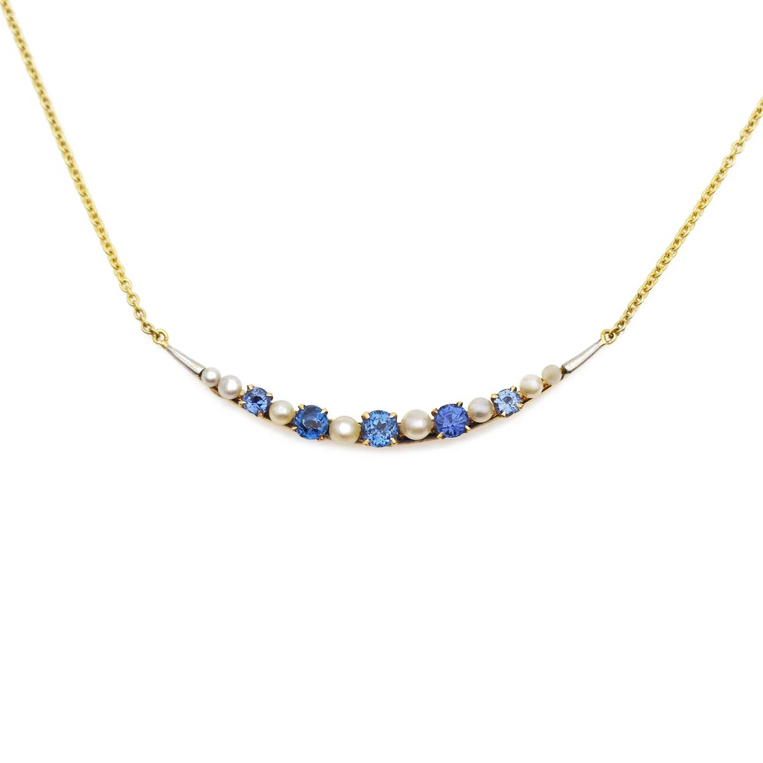 Sapphire Pearl Crescent Moon Necklace Gold