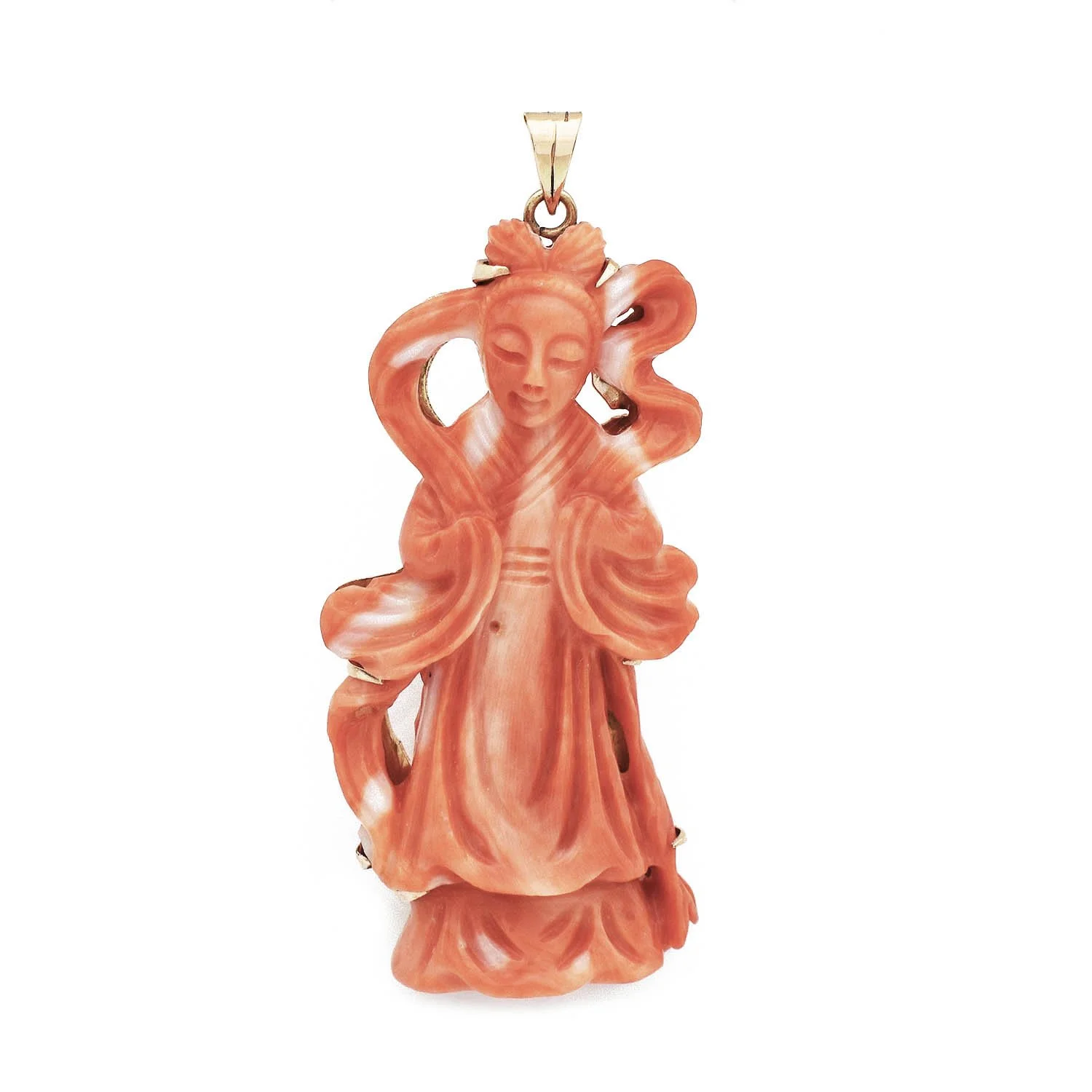 Vintage Carved Coral Guanyin Pendant Gold