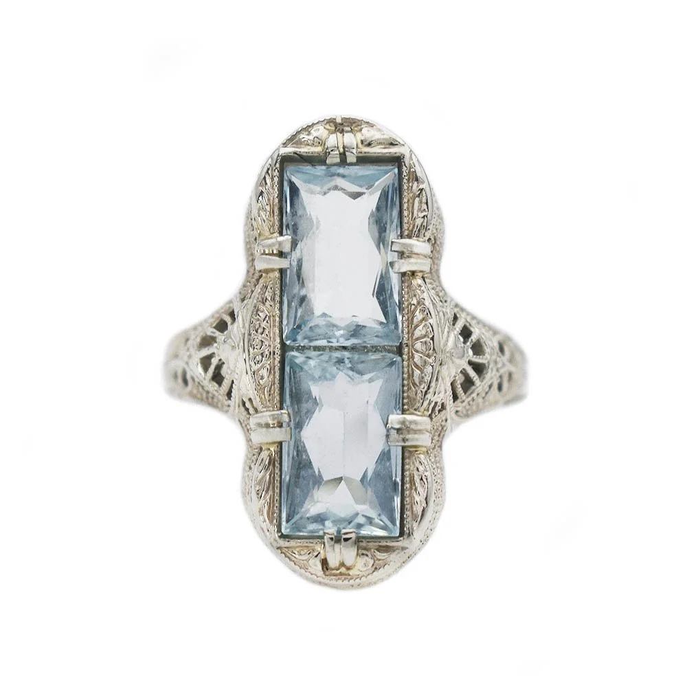 Antique Filigree Aquamarine Ring White Gold