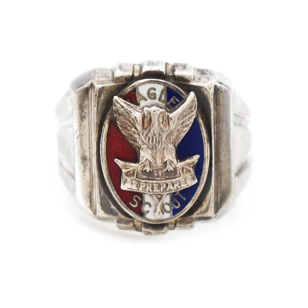 Vintage Enamel Eagle Scout Signet Ring Silver