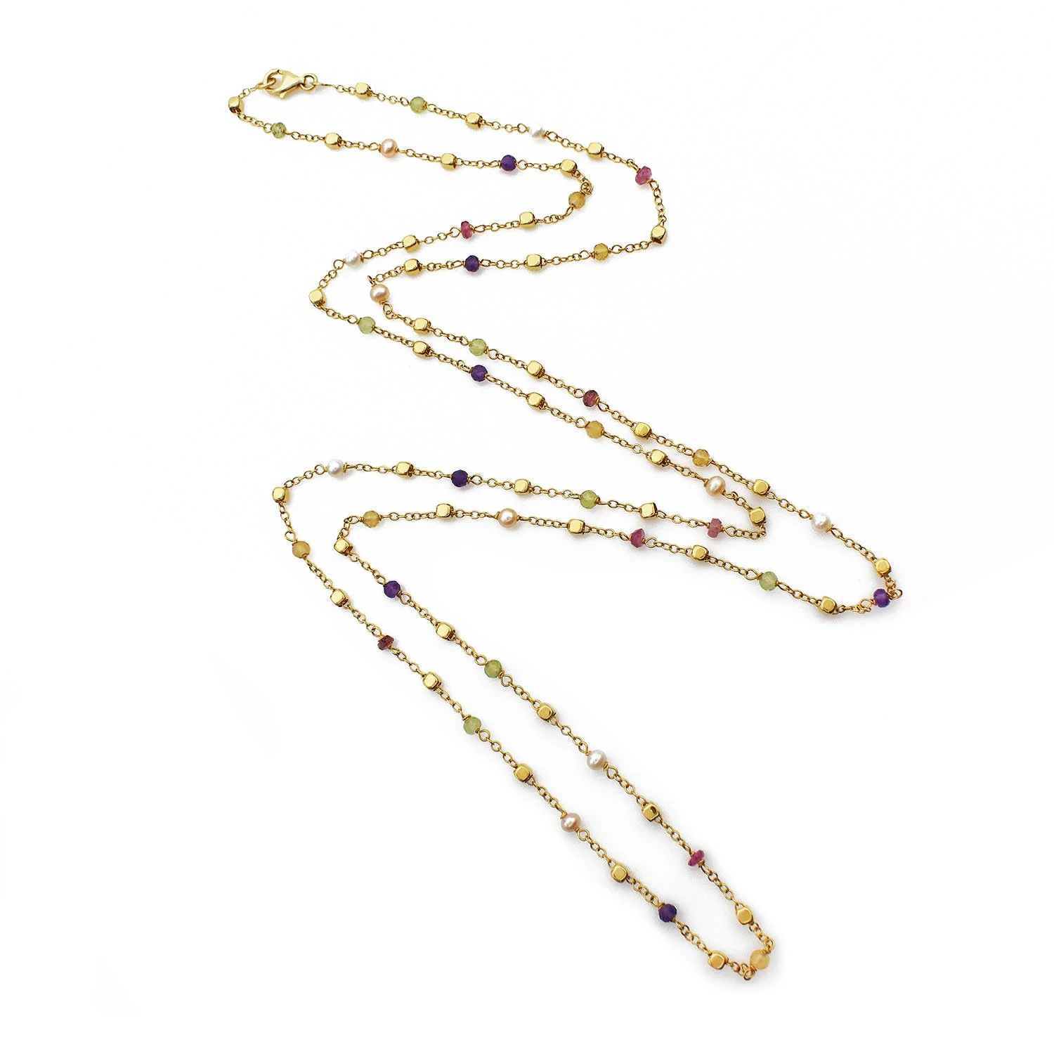 Gemstone Pearl Station Necklace Gold