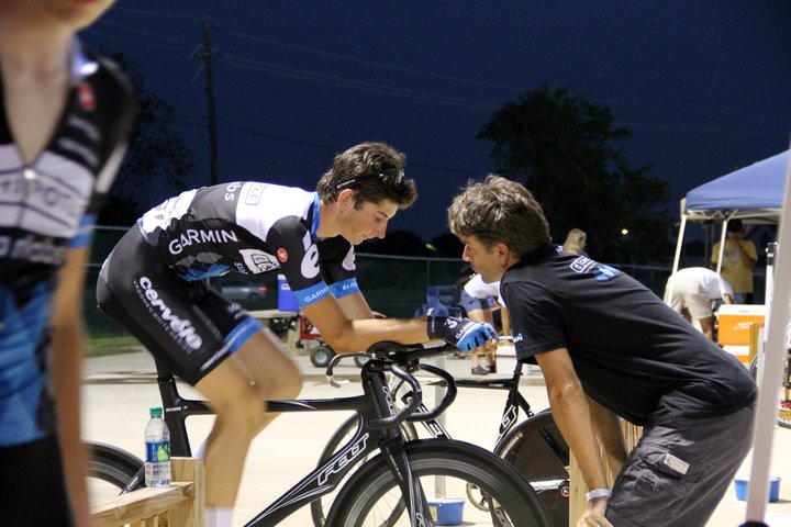 Track Nationals, 2011 - Head game prep w/ the head gamekeeper. I’m riding a hand-me-down one-off Felt prototype TT Bike factory converted into a track/pursuit setup for Taylor Phinney’s World Record Individual Pursuit Run.