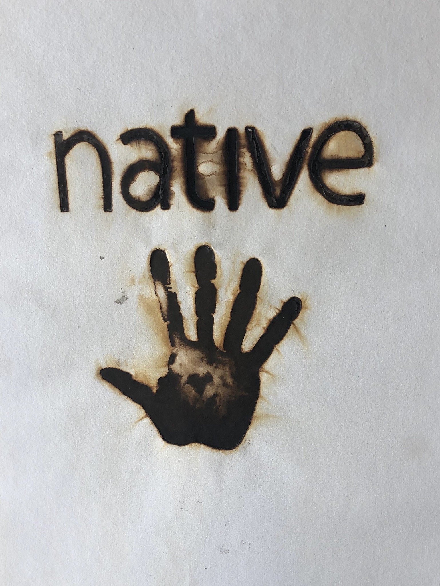  Gerald Clarke Jr.,  Branded: Native Hand , 2021. scorched watercolor paper, 27 x 21 in, 68 x 53 cm 