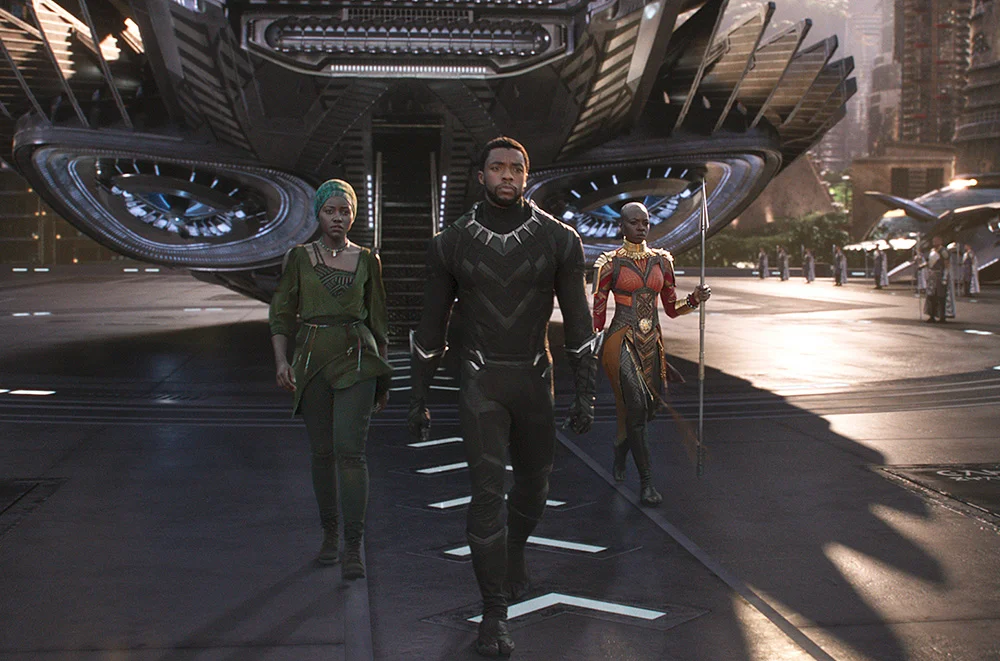 Lupita Nyong'o, Chadwick Boseman, and Danai Gurira in “Black Panther.”