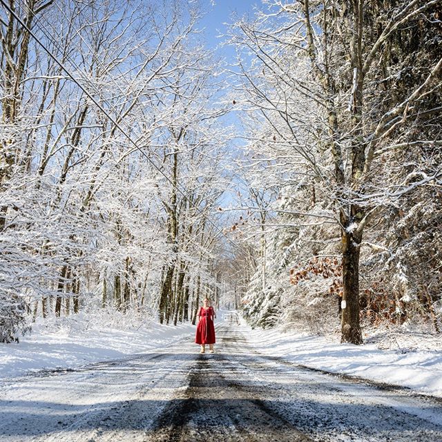 &copy; Lisa Vollmer A Self-Portrait in the Berkshires, 2019:
:
:
#selfportrait #fineartphotography #reddress #winter  #snow #road #theberkshires #berkshires #photography #selfie #mtwashington #massachusetts #artist #solo #solotravel #solotraveler #fo