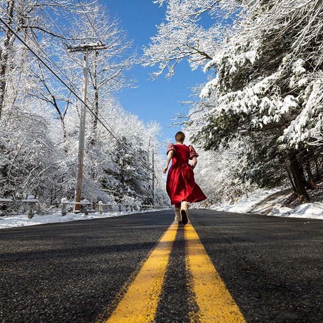 &copy; Lisa Vollmer A Self-Portrait in the Berkshires, 2019:
:
:
#selfportrait #fineartphotography #reddress #winter  #snow #road #theberkshires #berkshires #photography #selfie #mtwashington #massachusetts #artist #solo #solotravel #solotraveler