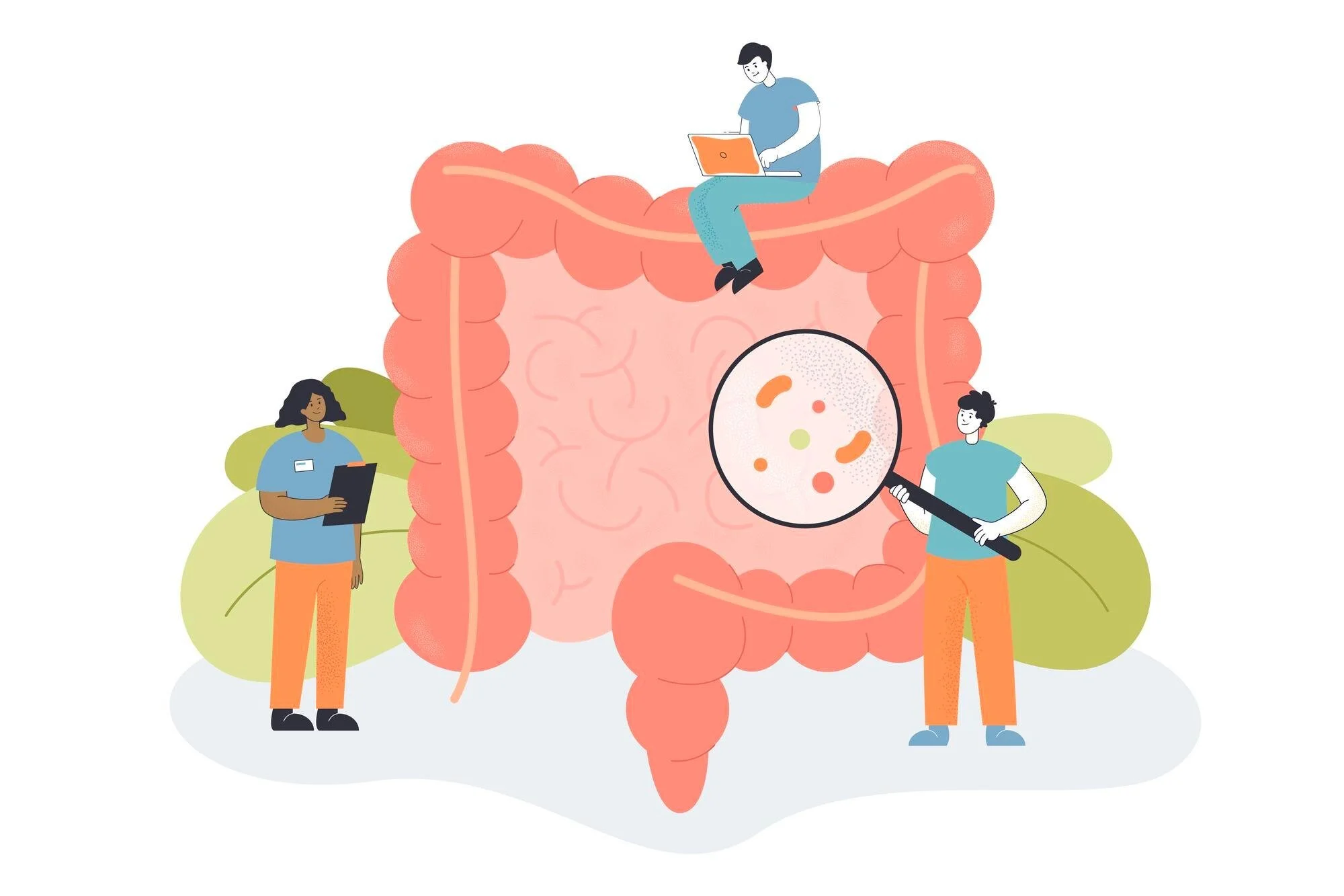 Illustration of the inside of a human digestive system with three people examining it: one person sitting on top with a laptop, one with a magnifying glass inspecting the intestines, and the third holding a tablet, representing research or medical examination.