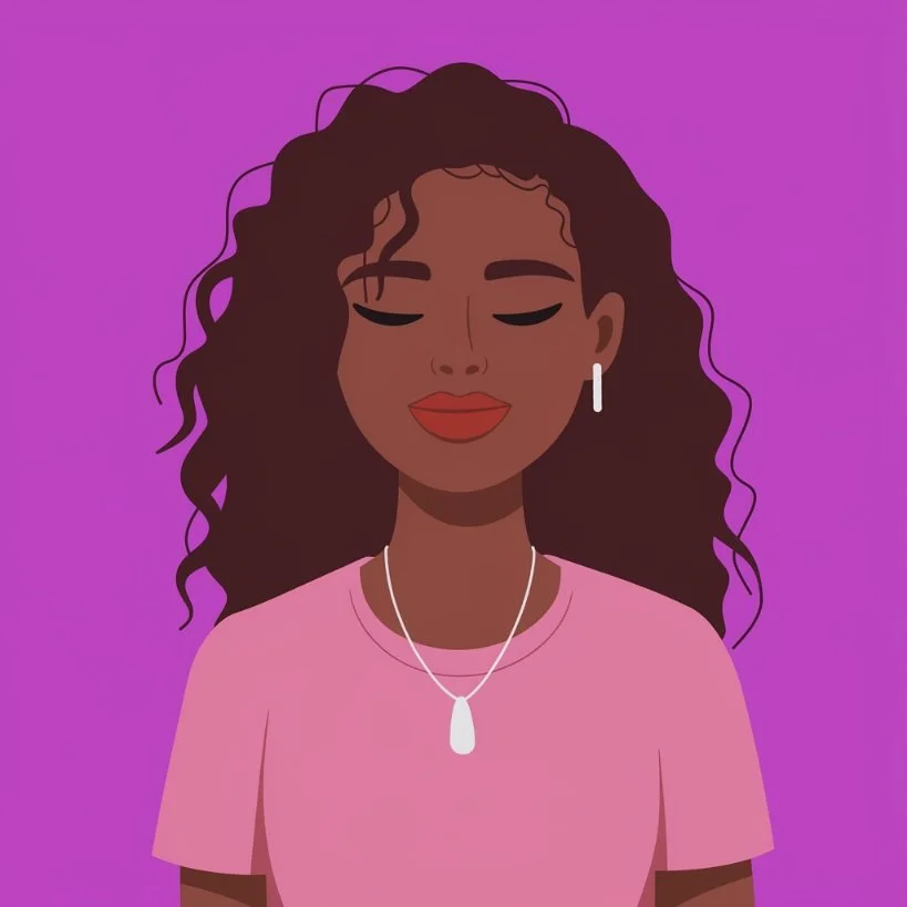 An illustrated woman with dark curly hair, closed eyes, and red lipstick, wearing a pink shirt, a white necklace, and an earring, against a purple background.