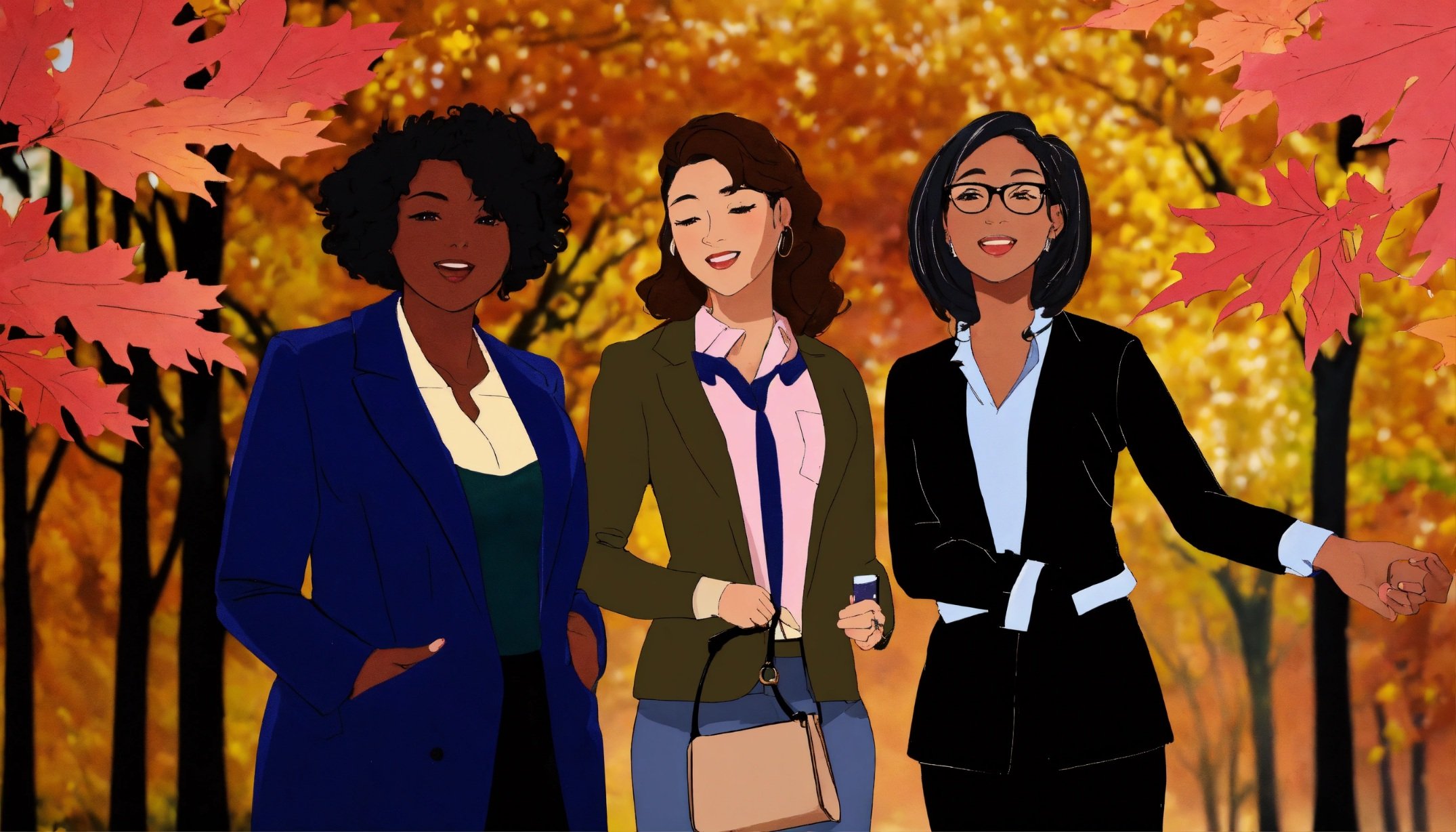 Three women in professional attire walking outdoors among colorful autumn trees with fall leaves in the background.