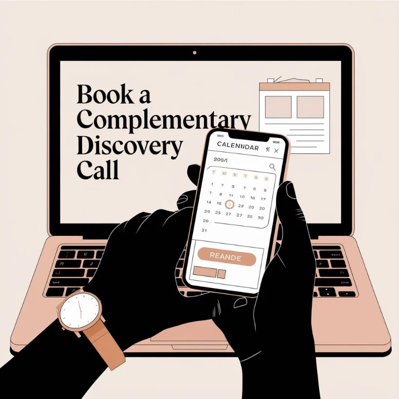 A hand holding a smartphone with a calendar app open, in front of a laptop displaying the text: "Book a Complementary Discovery Call." The person is wearing a watch, and the background is neutral.