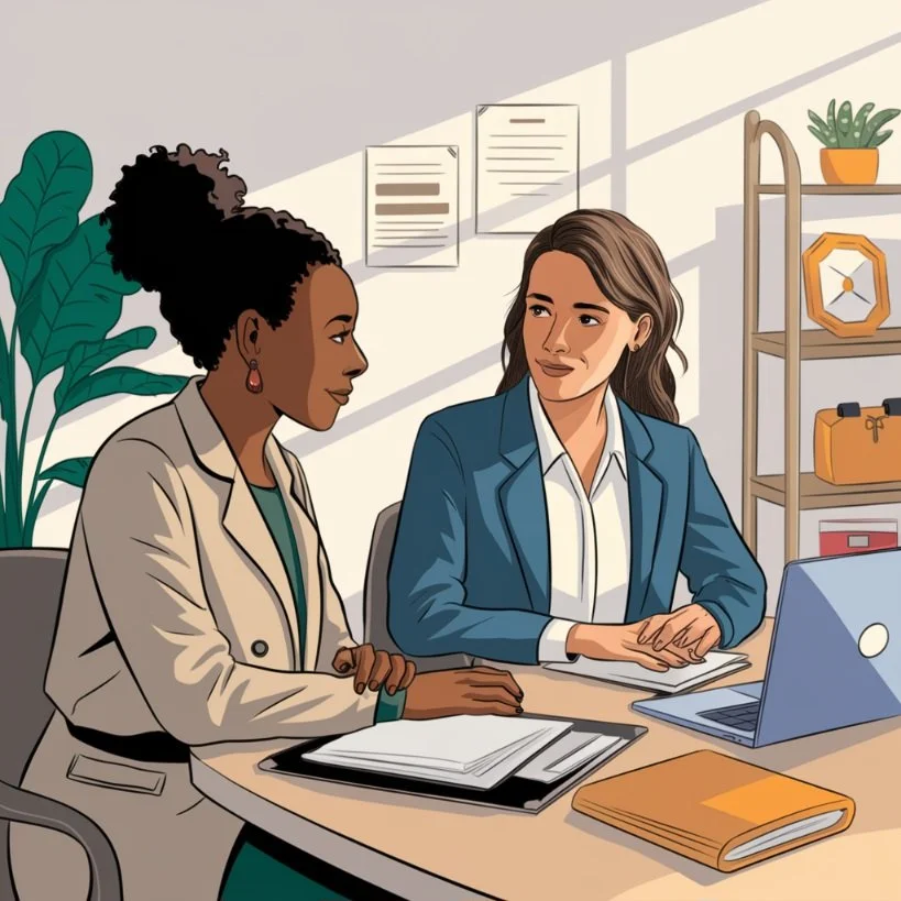 Two women having a business meeting in an office. One woman is speaking and the other is listening, sitting at a desk with a laptop, notebooks, and papers. The background has a bookshelf, plants, and framed documents on the wall.