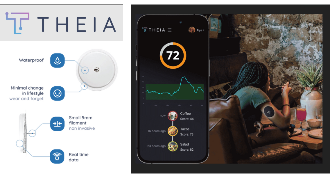 A digital health device called THEIA is shown with key features: waterproof, minimal lifestyle change, 5mm filament, and real-time data. An app display shows a score of 72, along with recent food choices like coffee, tacos, and salad, and their scores. In the background, a woman is sitting at a table in a rustic restaurant, using her phone.