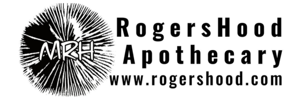 Logo for RogersHood Apothecary featuring a black and white sunburst design with the initials 'MRH' in the center, and the text 'RogersHood Apothecary' and the website 'www.rogershood.com'.