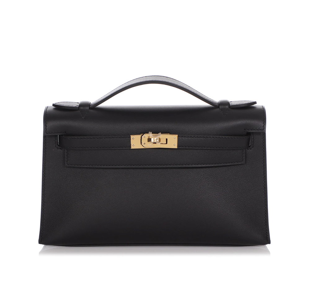 Hermès Kelly Pochette Black Swift Leather with Gold Hardware — AMAIA