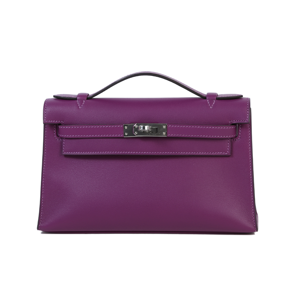 Hermes Kelly Pochette, Swift Mauve Sylvester with Gold Hardware, 2021 Z  Stamp, Preowned in Box WA001