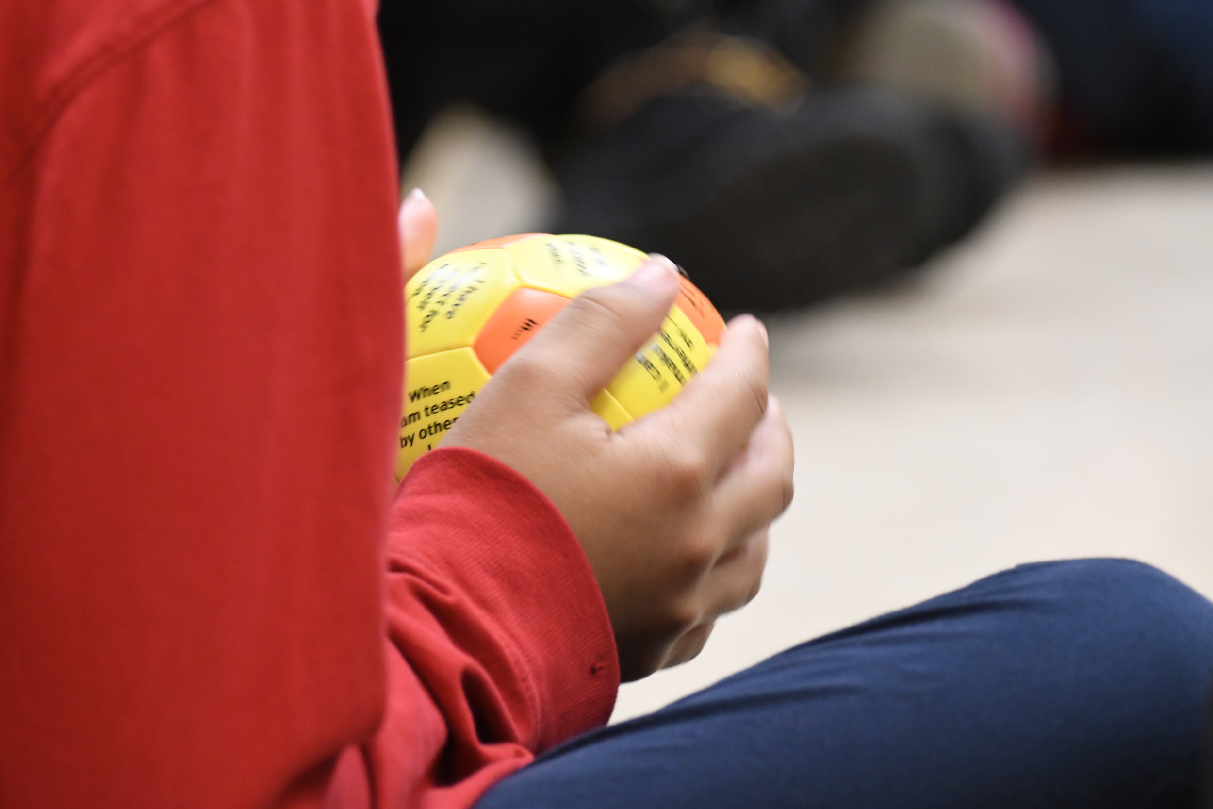 In the demonstration of a proactive circle, students roll a ball across the floor to another student as a talking piece