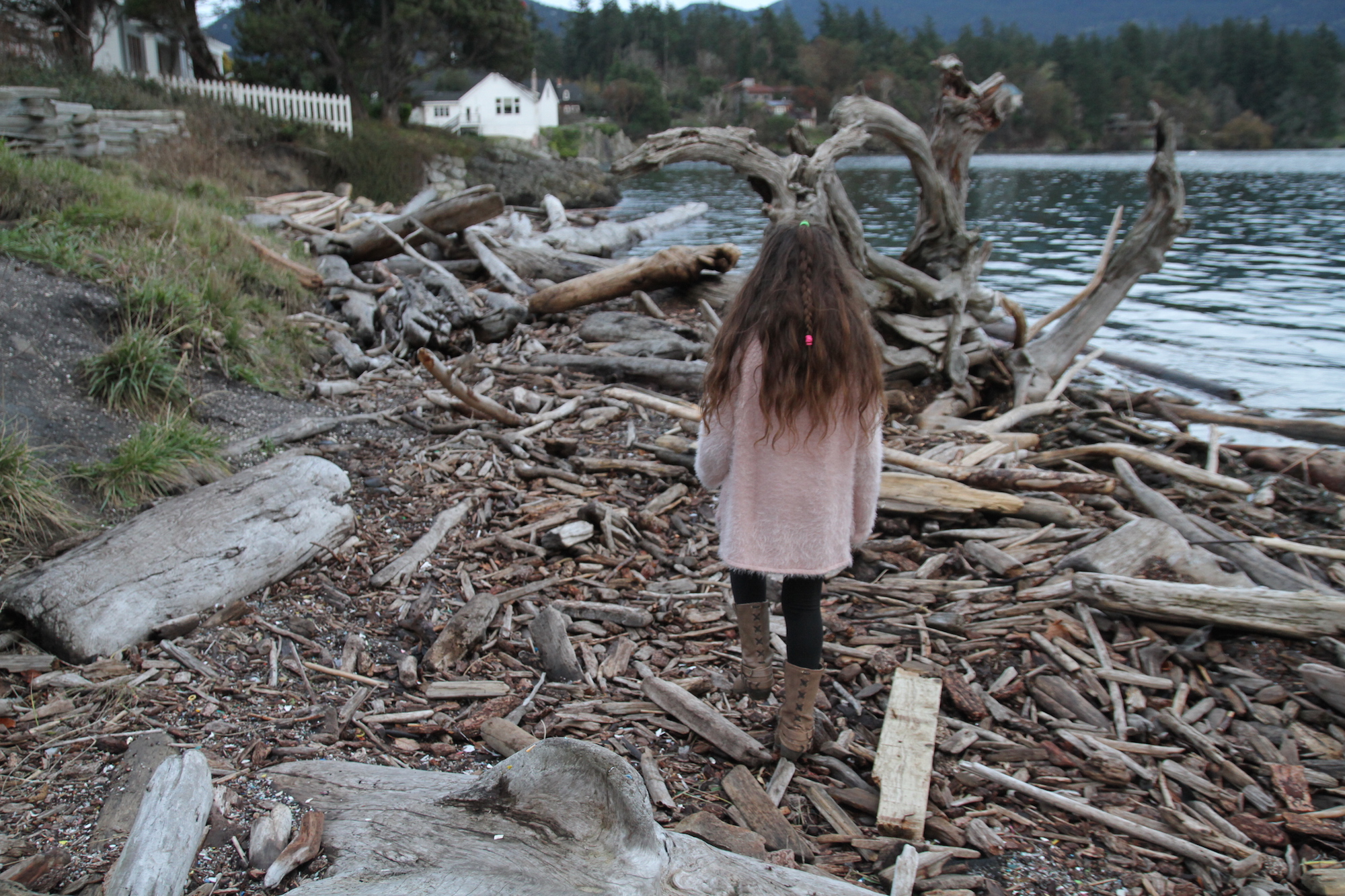 Isabella Walking Through the Mounds of Driftwood Left From the Last Storm. Photo by Gray G.