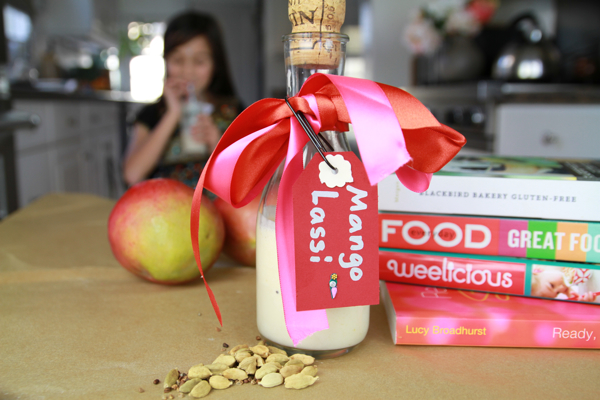 Mango Lassi in a reusable bottle with a recycled cork top.