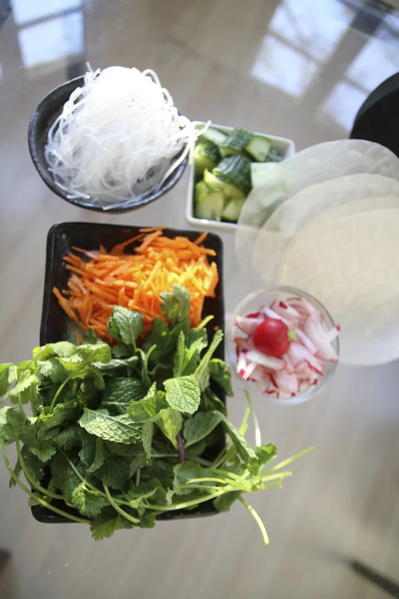 fresh vegetables, herbs and rice paper