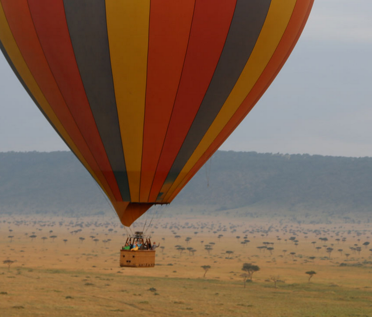 Hot air balloons fly over the Maasai Mara in Kenya