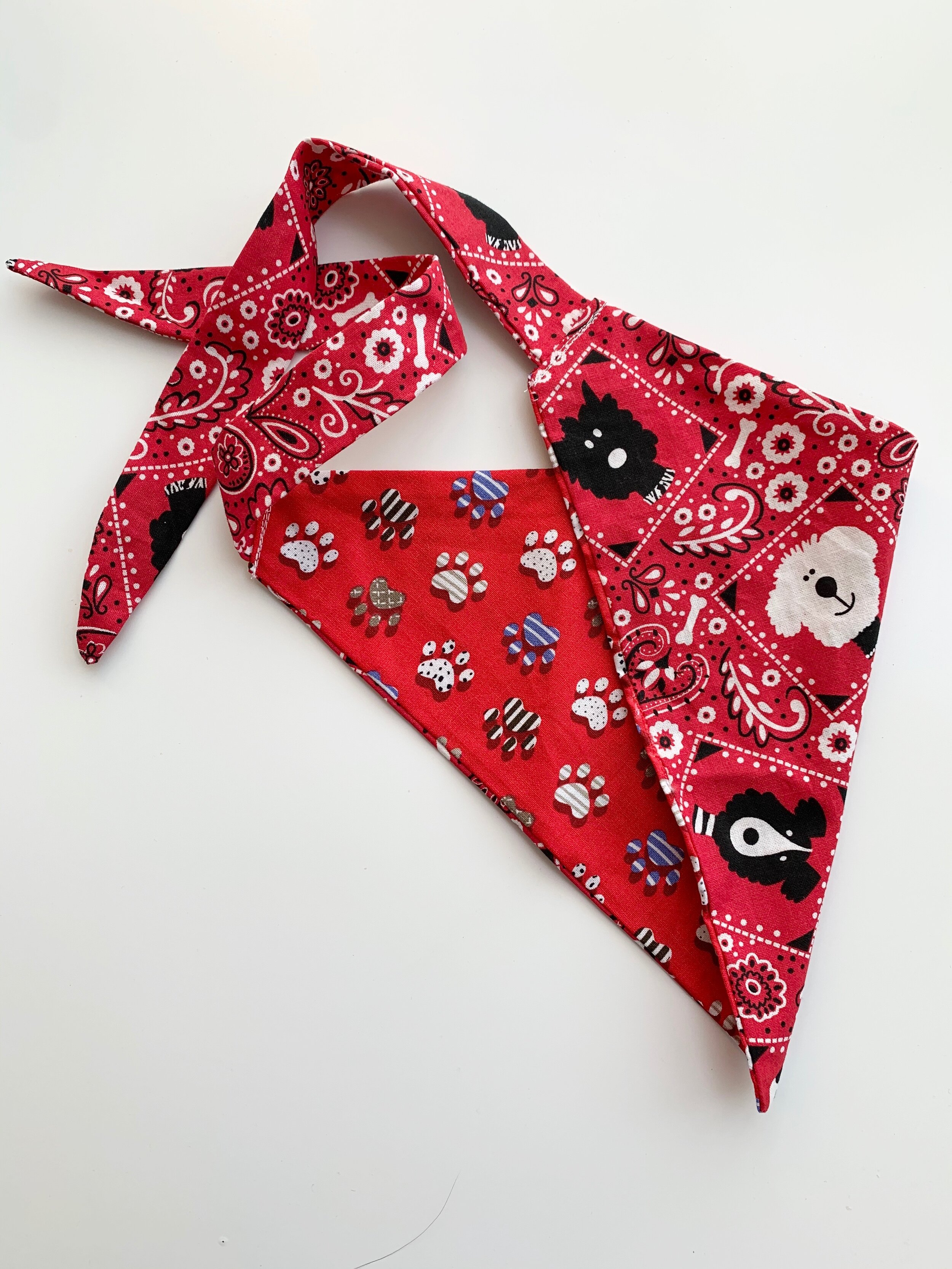 reversible dog bandana: red dog paw/red bandana