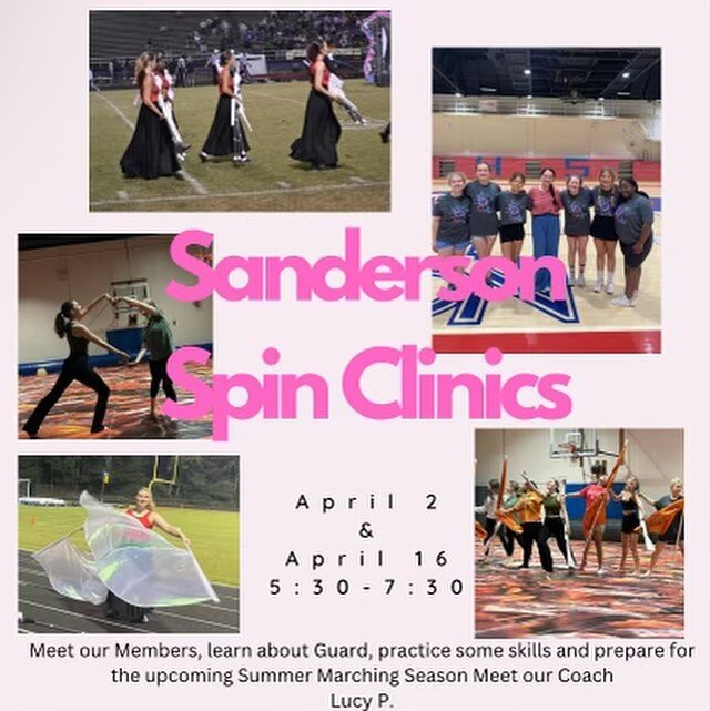 Hey guys, it's that time again, we are hosting our spin clinics April 2 and 16 5:30-7:30! Please come on out if you're at all curious or interested in guard! Open to middle schoolers also! We will meet in the Sanderson Band Room!