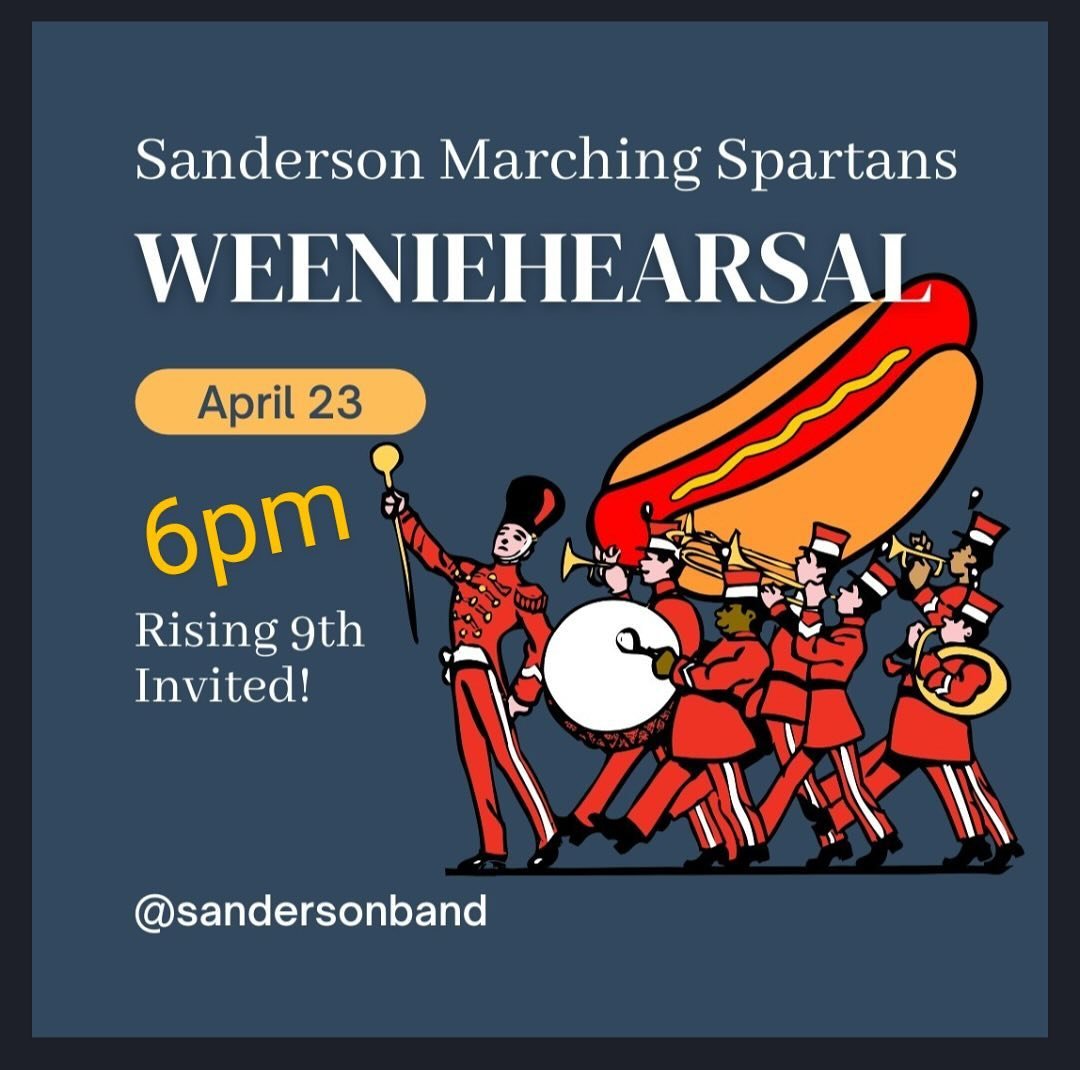 ‼️HEY RISING 9TH GRADERS AND ANYONE INTERESTED IN MARCHING BAND‼️ we hope you come attend our annual Weeniehearsal! We&rsquo;ll have hotdogs, games, current marching band members to meet and you&rsquo;ll get to find out the theme for next school year