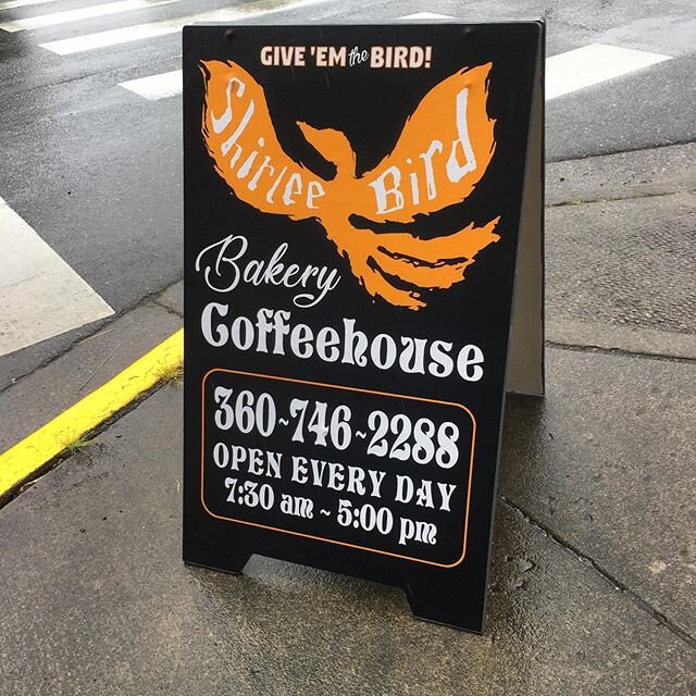 Check out our new sign!!! We&rsquo;re here rain or shine 🌤
Thanks to #StickersforDays for being professionally awesome! #shirleebirdcafe #giveemthebird #pastriesforlife #bellingham #fairhaven #supportlocal