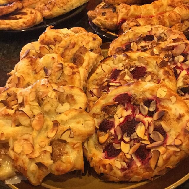 Raspberry frangipane danish and toasted almond butter cream danish - warm and waiting for you!