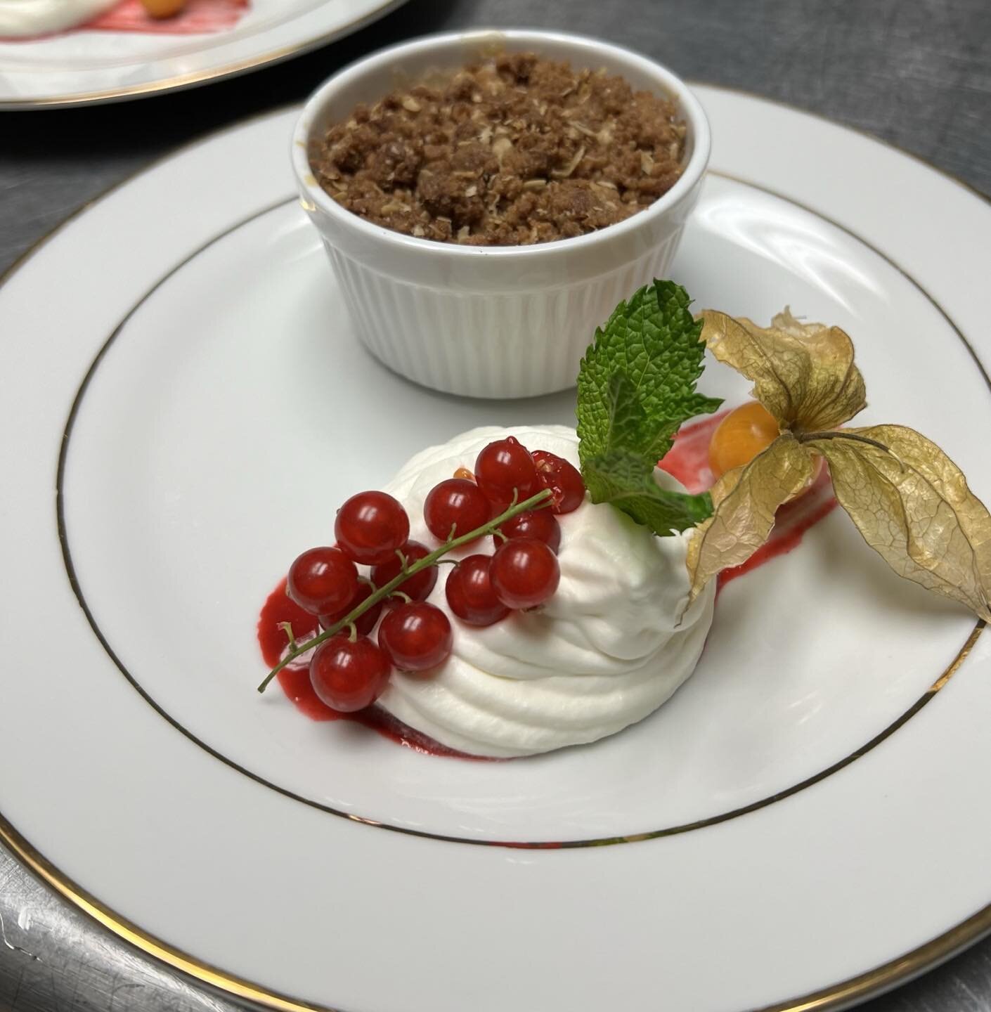 Red currants and gooseberries accompany our Hudson Valley Apple Crisp.