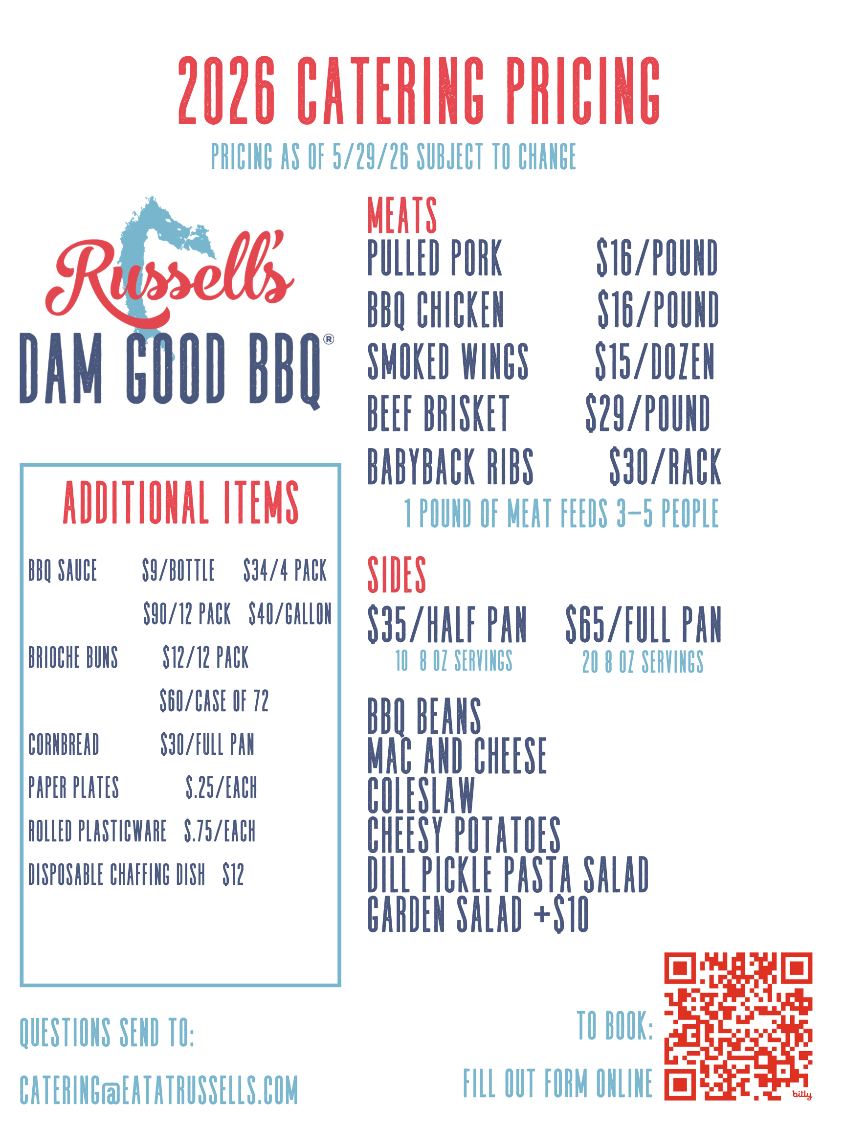 2026 catering pricing menu from Russells Dam Good BBQ featuring meats, additional items, sides, and a QR code for online booking.