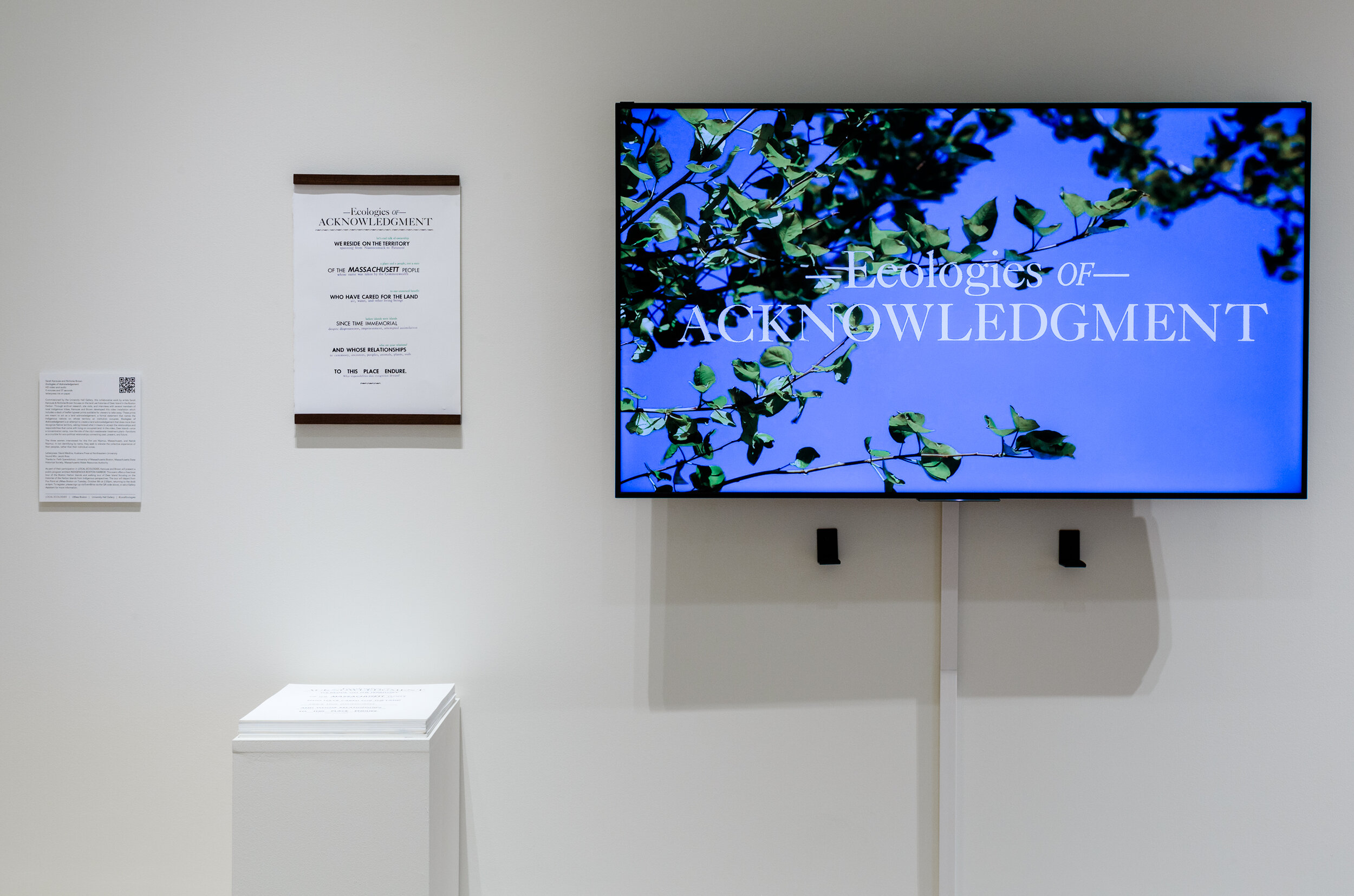 Sarah Kanouse and Nicholas Brown, Ecologies of Acknowledgment, 2019. HD Essay film, 9 minutes, 53 seconds; three-color letterpress print, 12” x 19,” edition of 10; black and white letterpress print, 12″ x 19,” edition of 250.