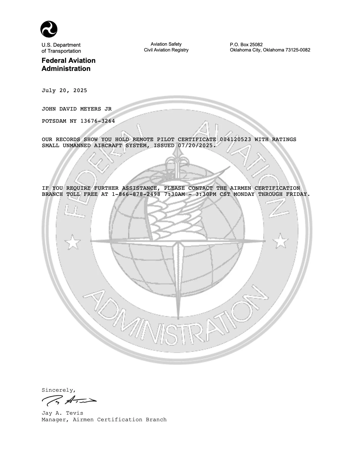 FAA Part 107 Confirmation Letter