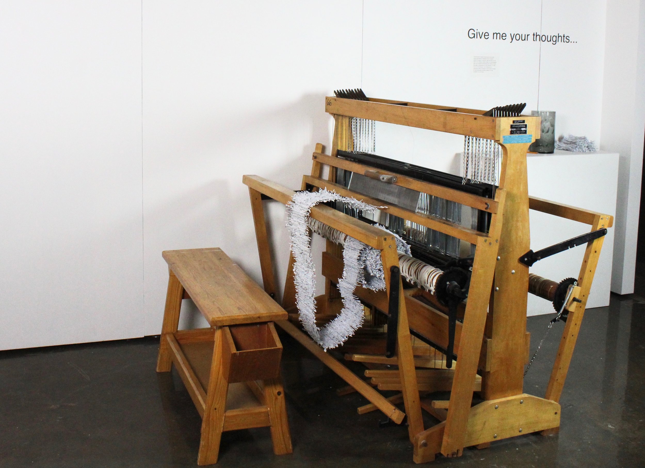  gallery view: In process on 72” floor loom with  “Give me your thoughts…”  installation. 
