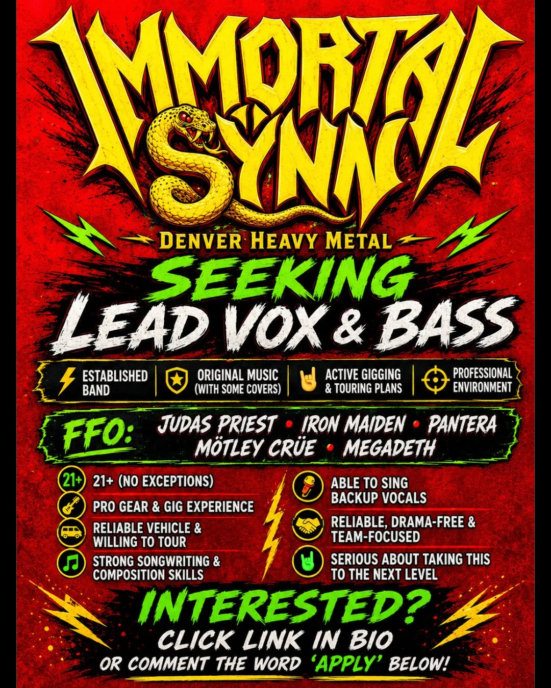 Hey all! Following yesterday's announcement, we are now actively searching for a lead vocalist. Our search for a bass player continues as well. ⁠
⁠
If you are interested in either of those positions, please either click the link in our bio or simply 