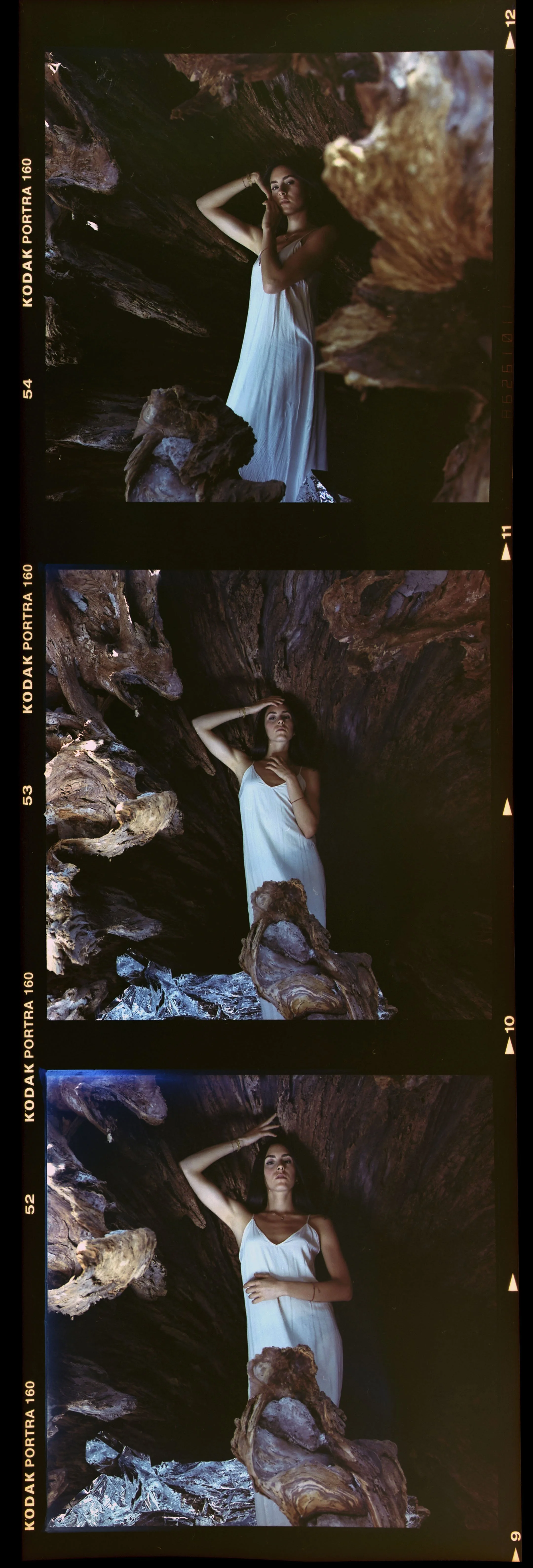 A woman in a white dress posing inside a hollowed tree trunk with textured, rugged bark, in three different positions.