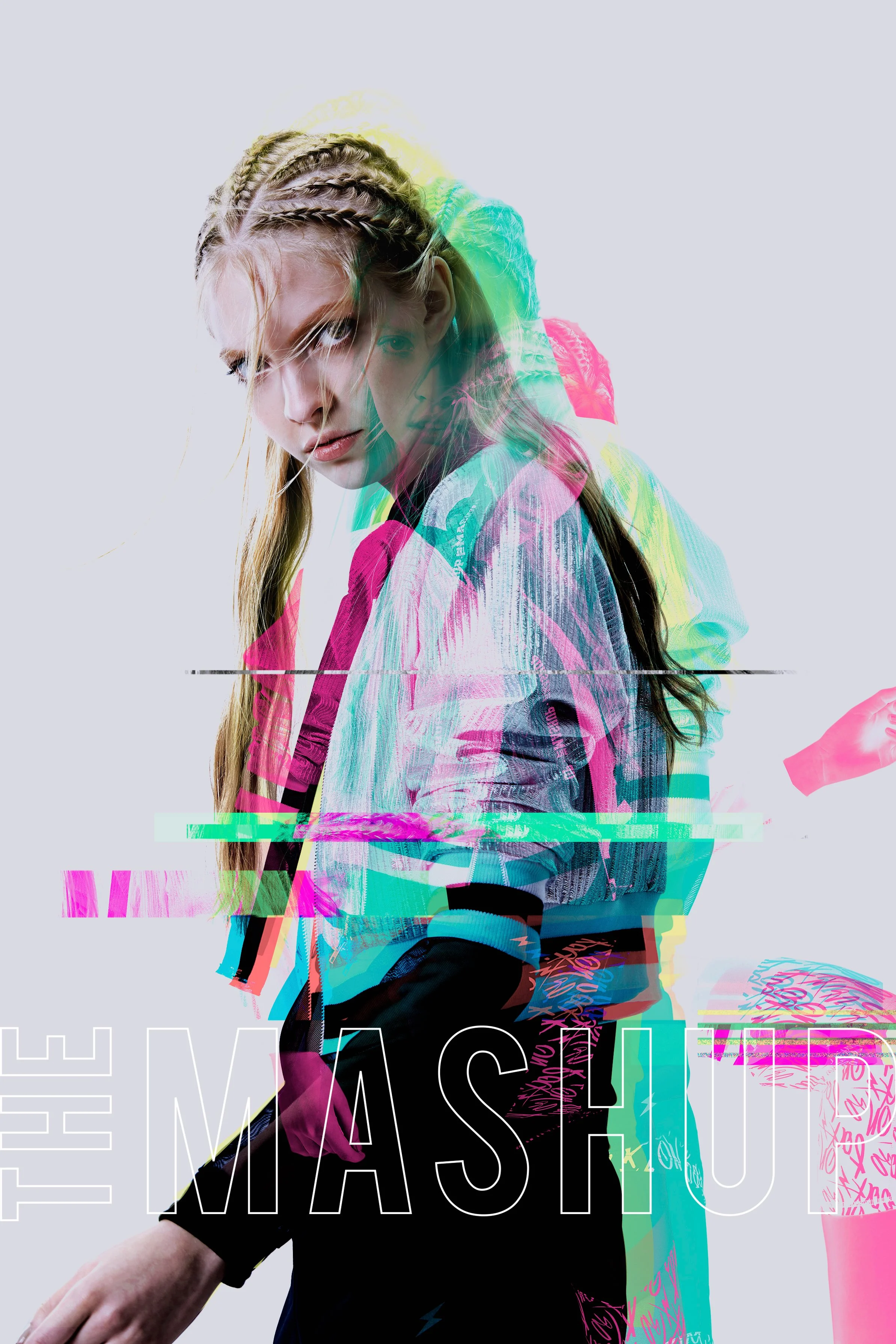 A young woman with braided hair poses against a light background, with colorful glitch effects and overlayed text saying 'THE MASTI'.