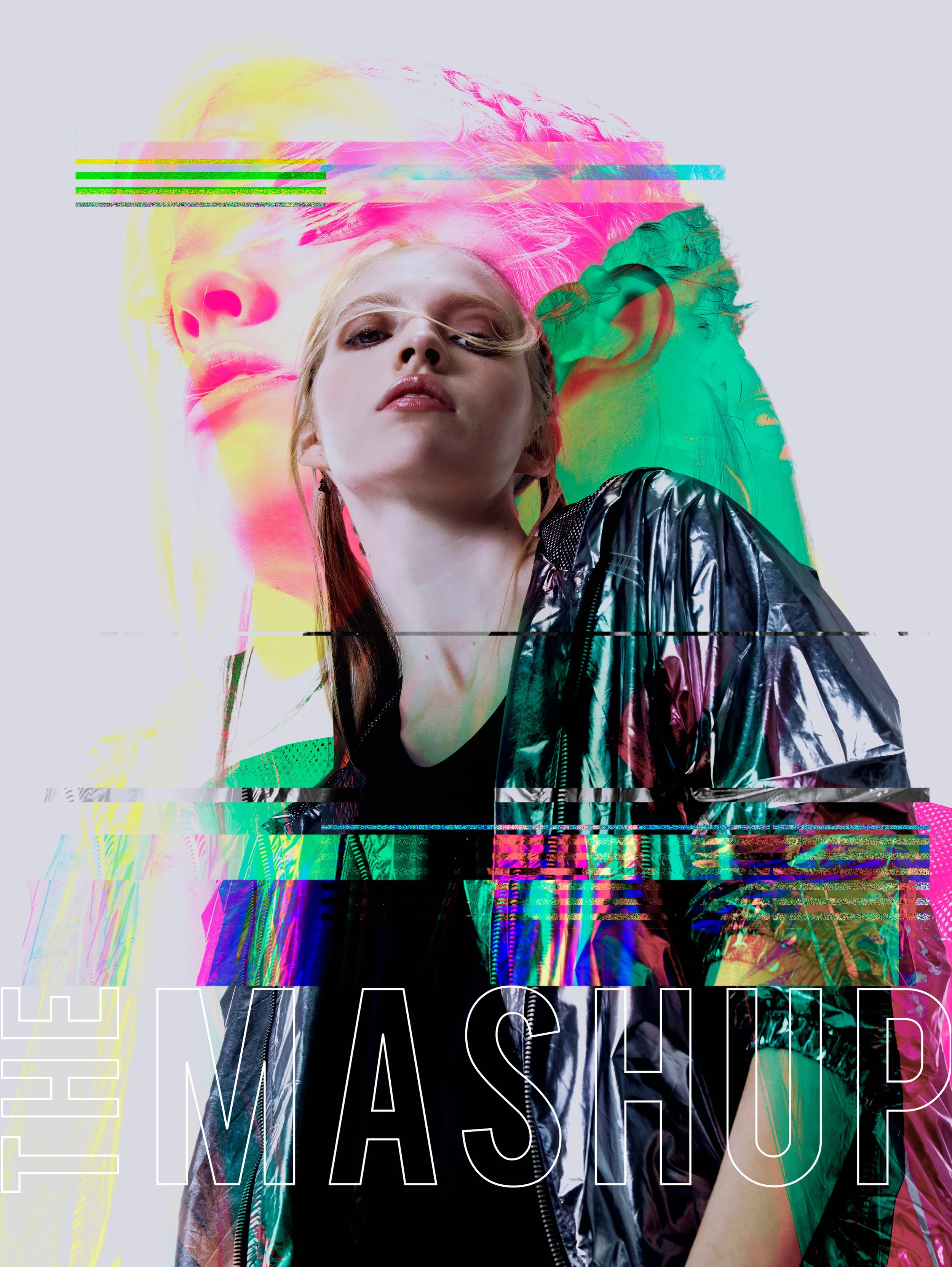 Digital art of a young woman with blonde hair wearing a shiny black jacket, with colorful glitch effects overlaying her face and background, and large text 'FREAK' and 'WASTED' partially visible.