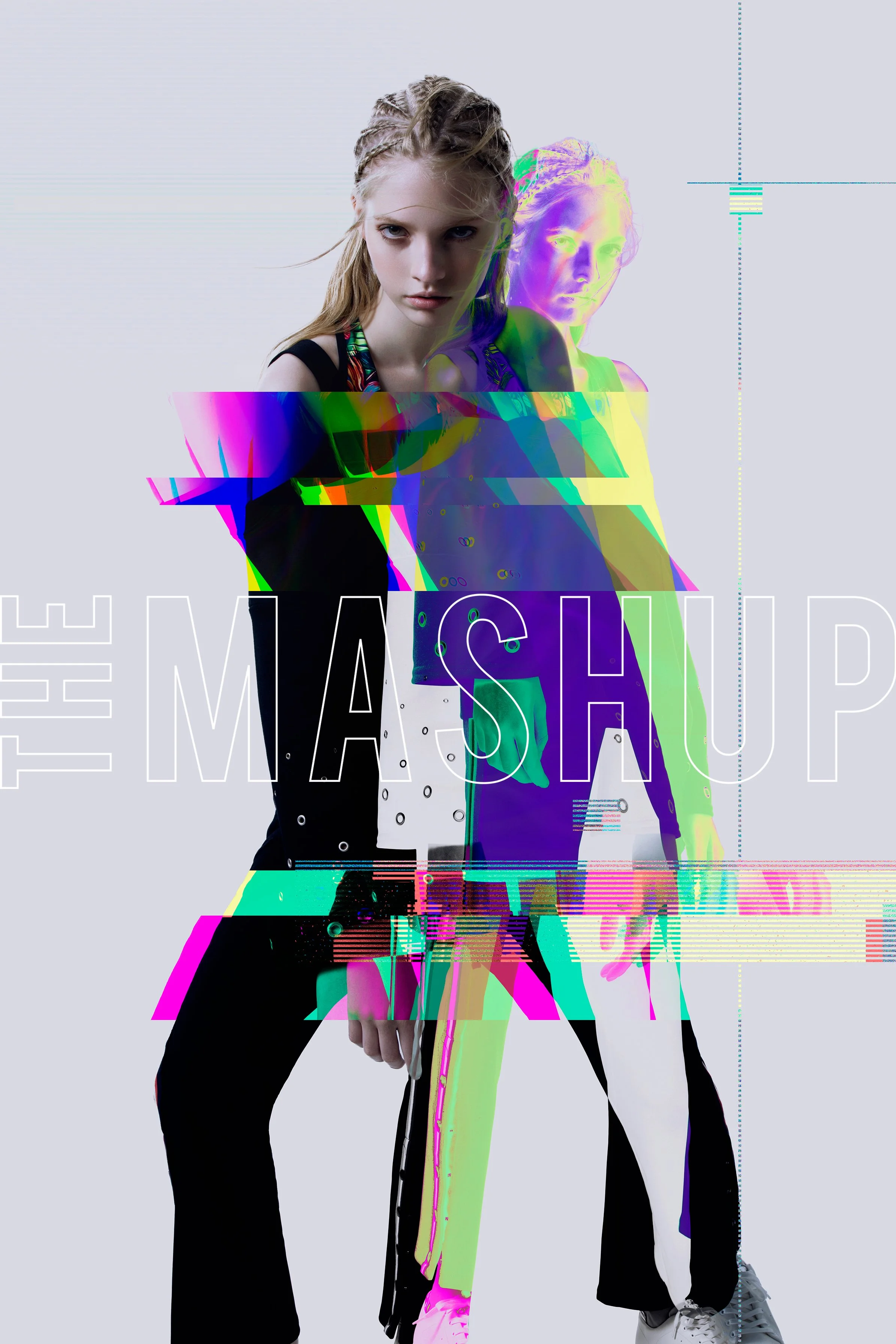 A woman with braided hair and a serious expression, with digital glitch effects overlaying her and a faint second image of her in the background, set against a plain light-colored backdrop.