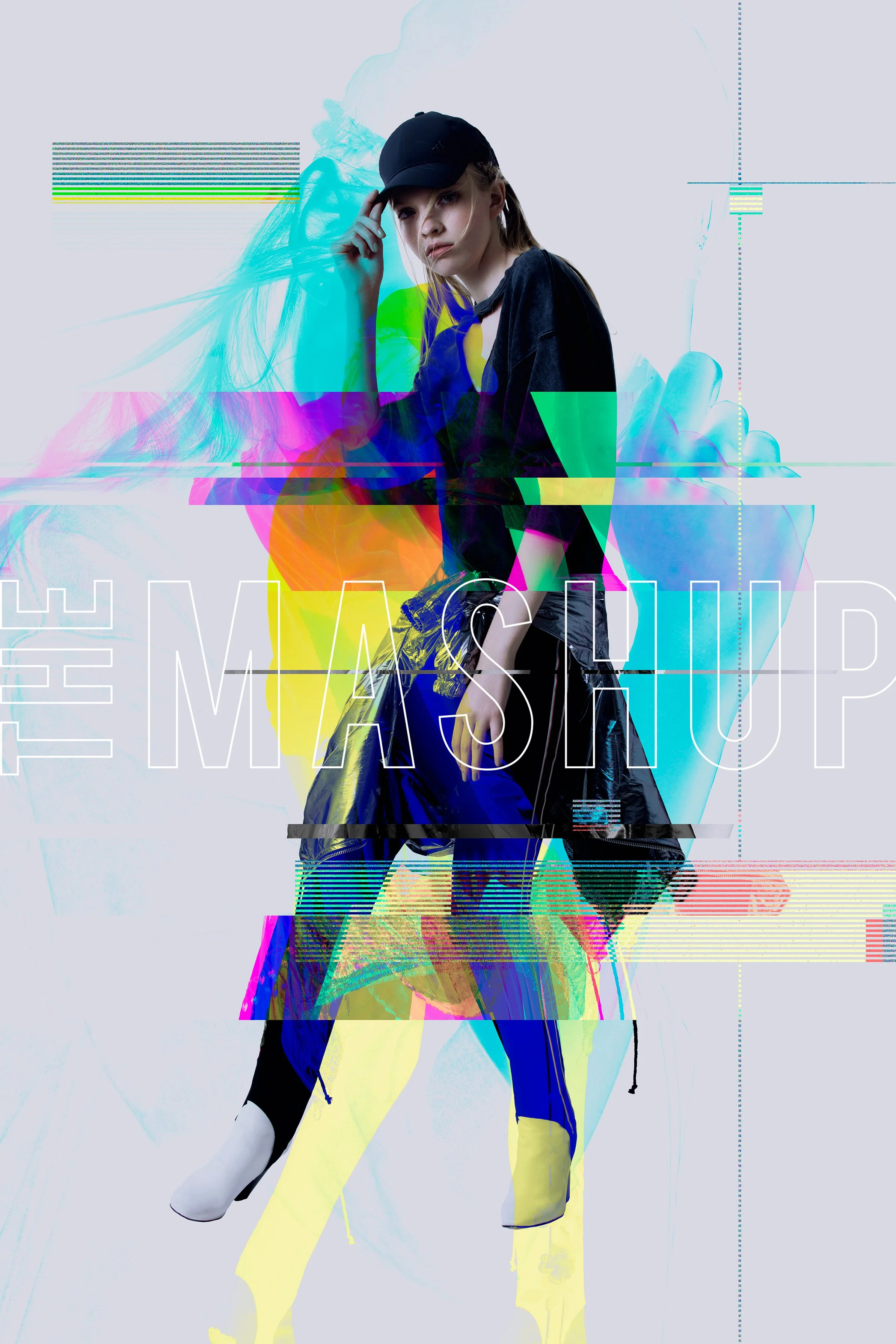A young woman in a black cap and black oversized hoodie with shiny black pants and white boots stands in front of a distorted, glitchy background with colorful digital effects. The text 'THE MAXIMUM' is partially visible at the bottom.