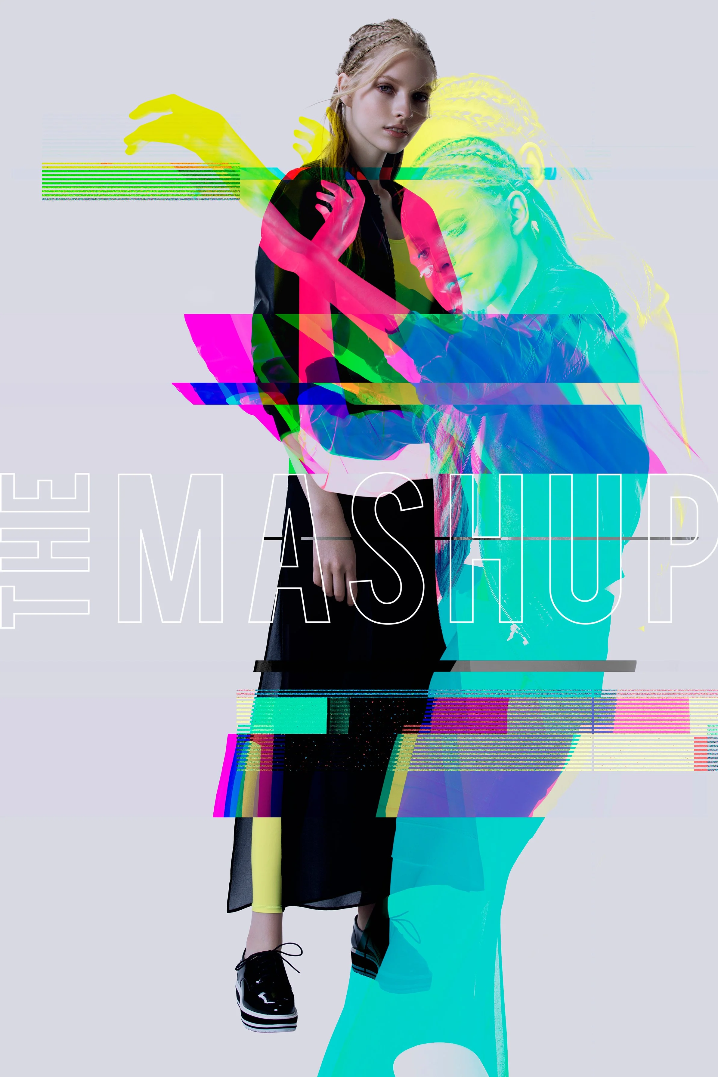 Fashionably dressed woman with braided hair and dark sneakers, posing against a plain background with glitch art elements.