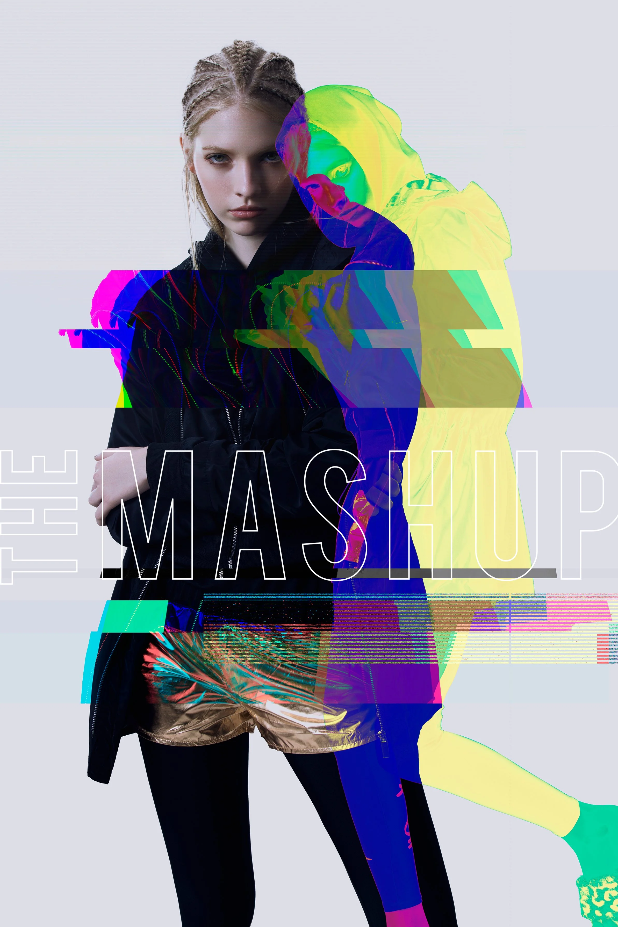 A woman with blonde braided hair wearing a black jacket and metallic running shorts, standing against a white background, with colorful digital glitch effects overlayed.