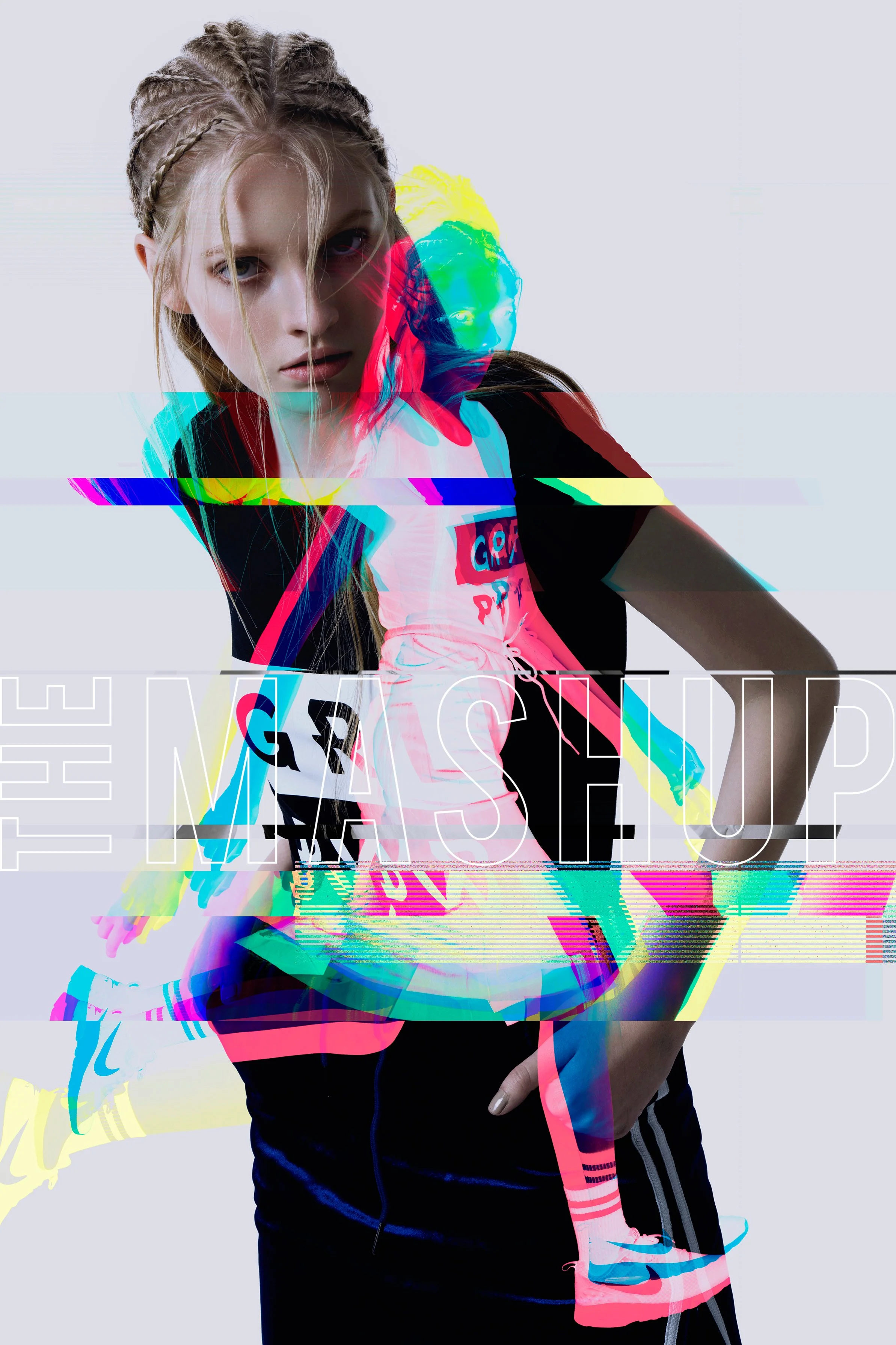 Glitched photo of a blonde woman wearing a black and white Adidas tracksuit top, posing with one hand on her hip against a plain gray background.