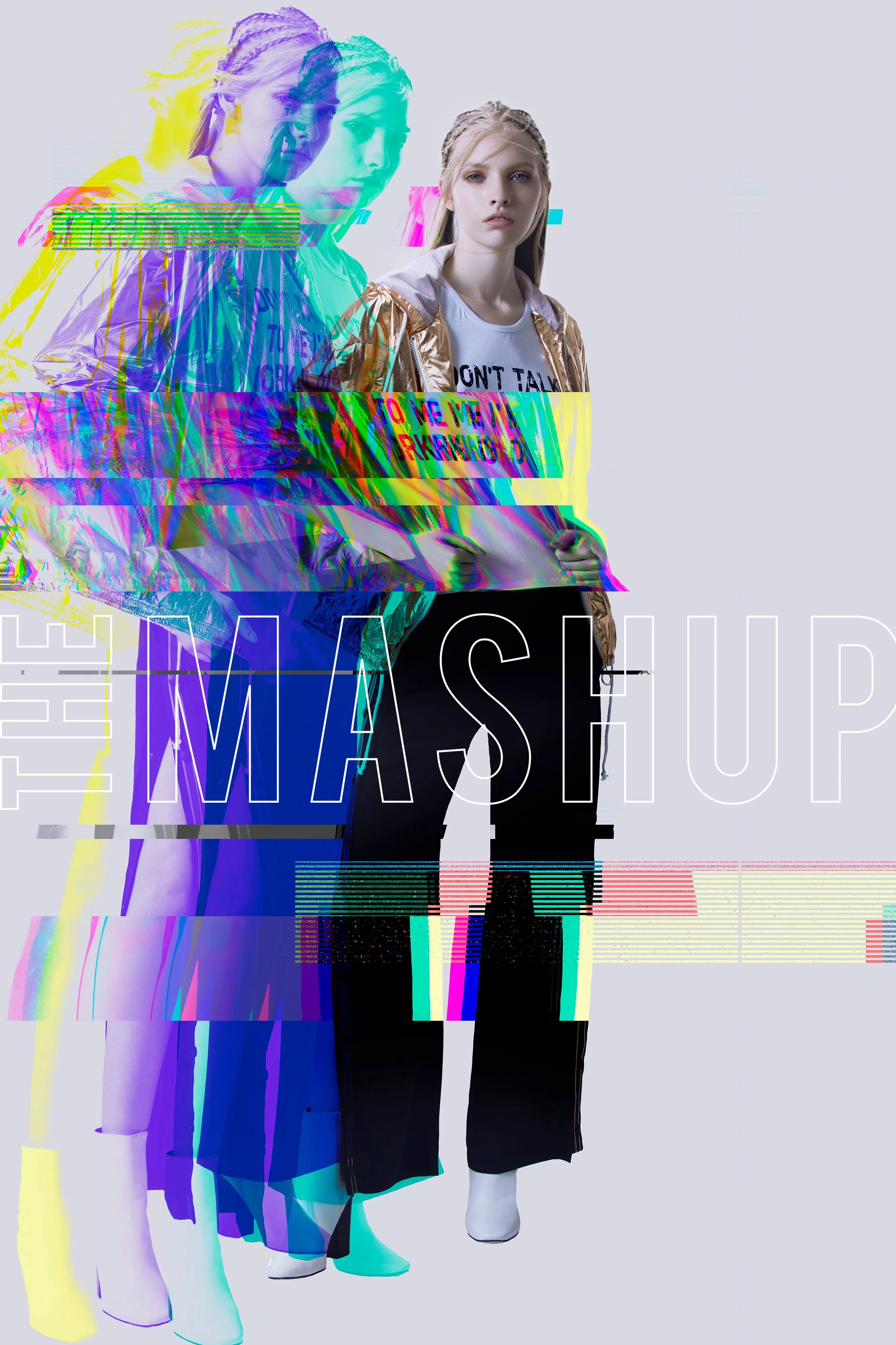 A woman standing with a serious expression wearing a gold metallic jacket and black skirt, with distorted glitch effects wrapping her and the background.