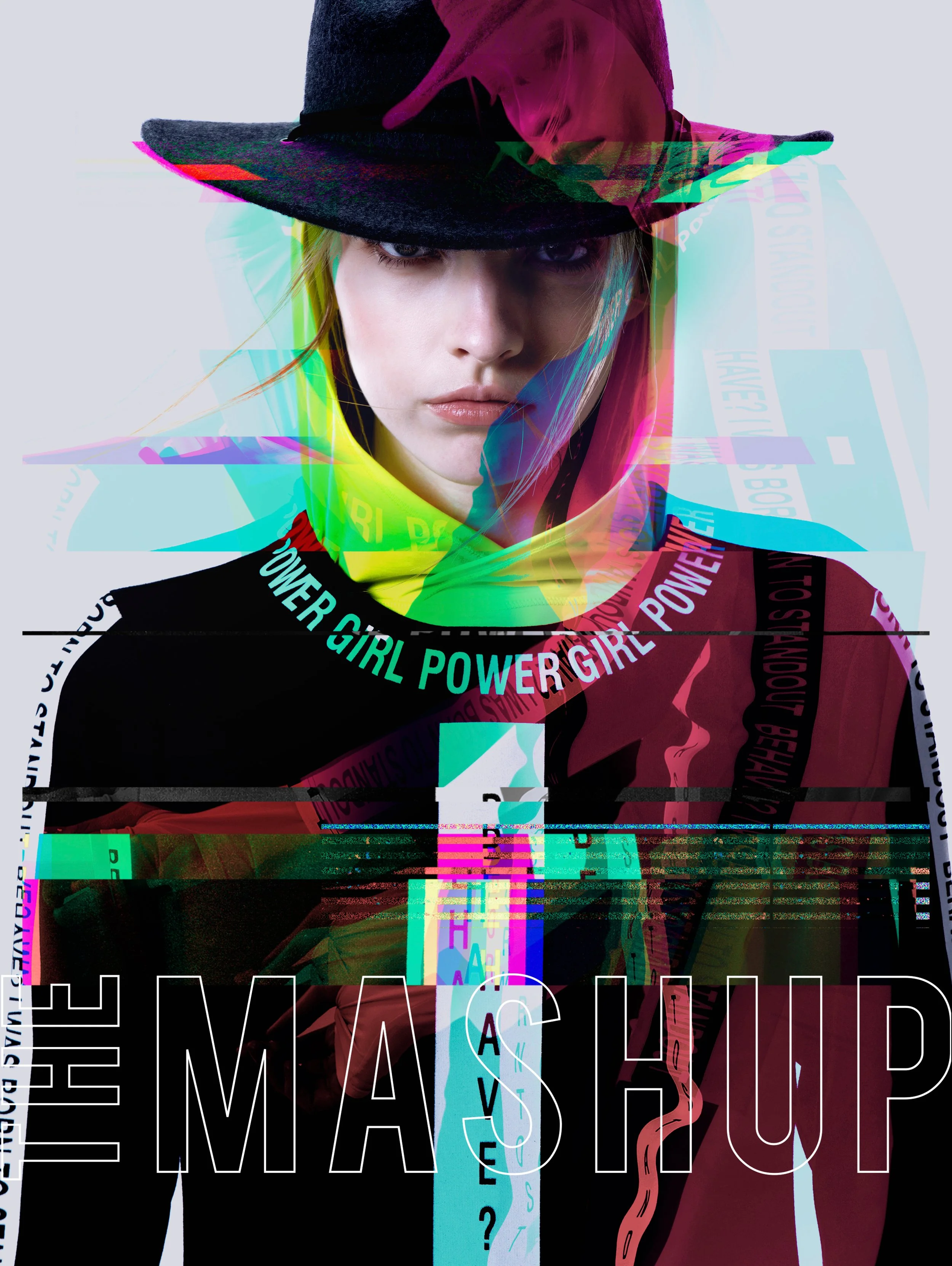 A person wearing a large black hat and colorful clothing with text, with glitch effects on the image.