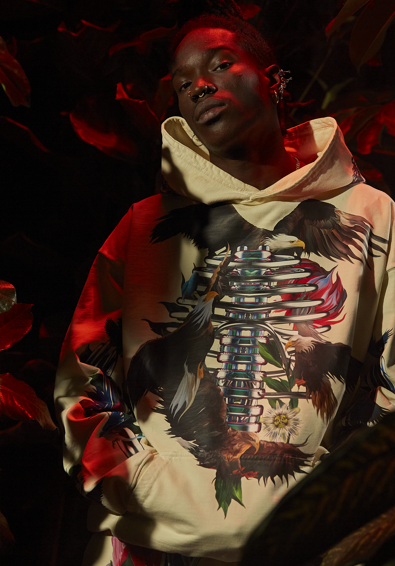 A person with dark skin and short hair, wearing multiple earrings and piercings, is dressed in a hoodie with a graphic design of eagles, flowers, and swirling patterns. They are lying down on a surface with dark foliage surrounding them, illuminated 